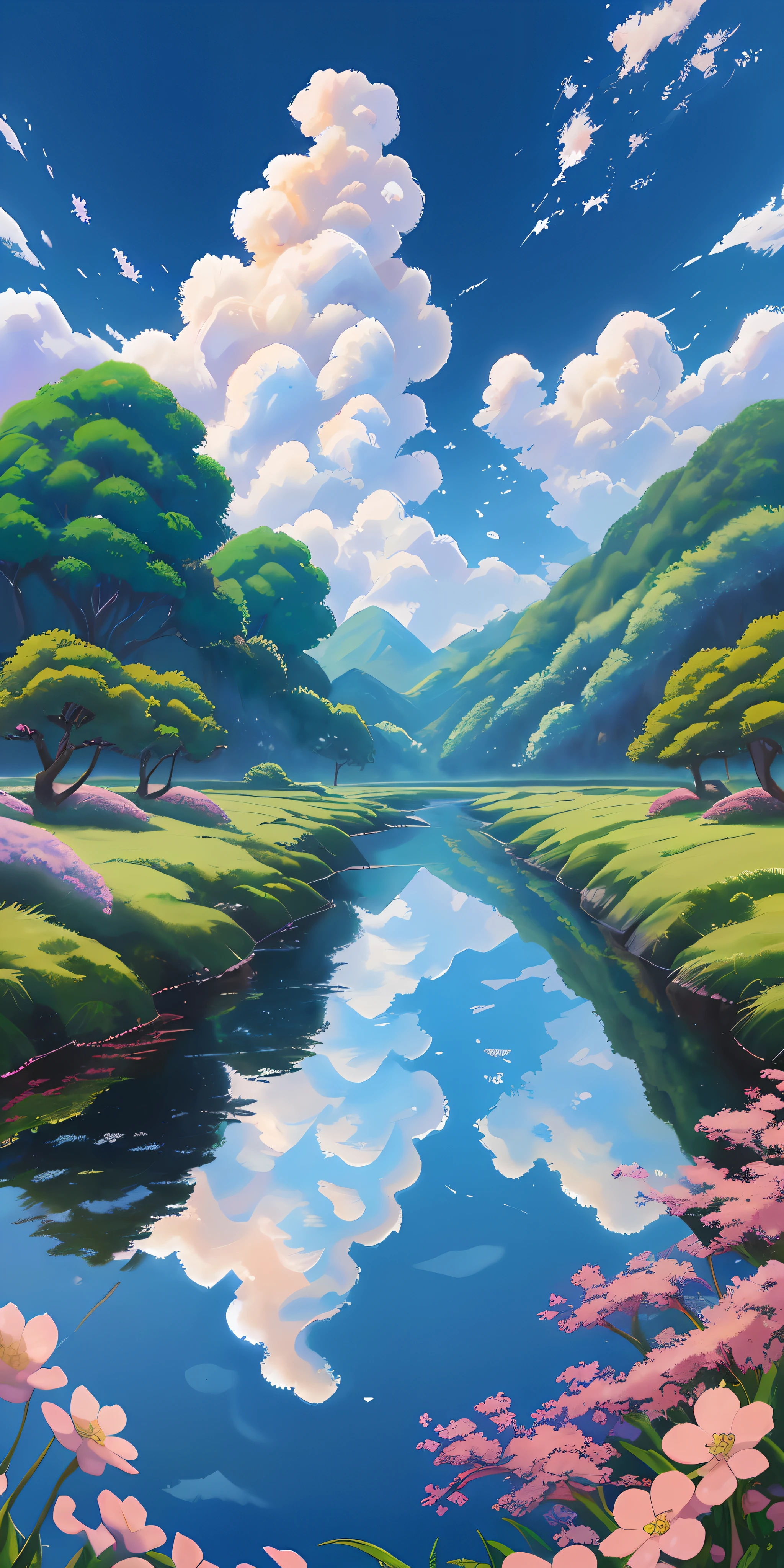 (((melhor qualidade))), Realista, Authentic, beautiful and amazing, pai e filho, oil painting Studio Ghibli Hayao Miyazaki pasture petals with blue sky and white clouds --v6