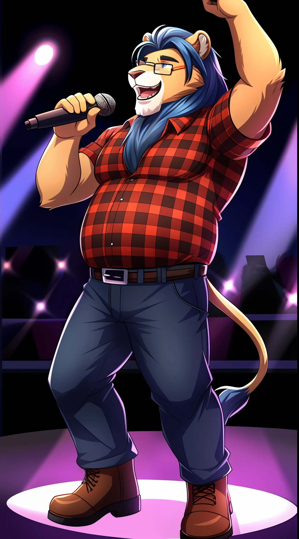 Old man,Mature, light blue eyes, thick eyebrowns, Middle age, mature, lion, navy blue hair, two tones hair, long hair, facial hair, dark blue long beard, light Brown fur, smile, singing karaoke, open mouth, passionate karaoke,holding a mic,red plaid shirt, big belt, (blue dress pants), brown boots, on stage,male, solo, anthro, chubby, fat, cell shaded, glasses, full body, dynamic pose