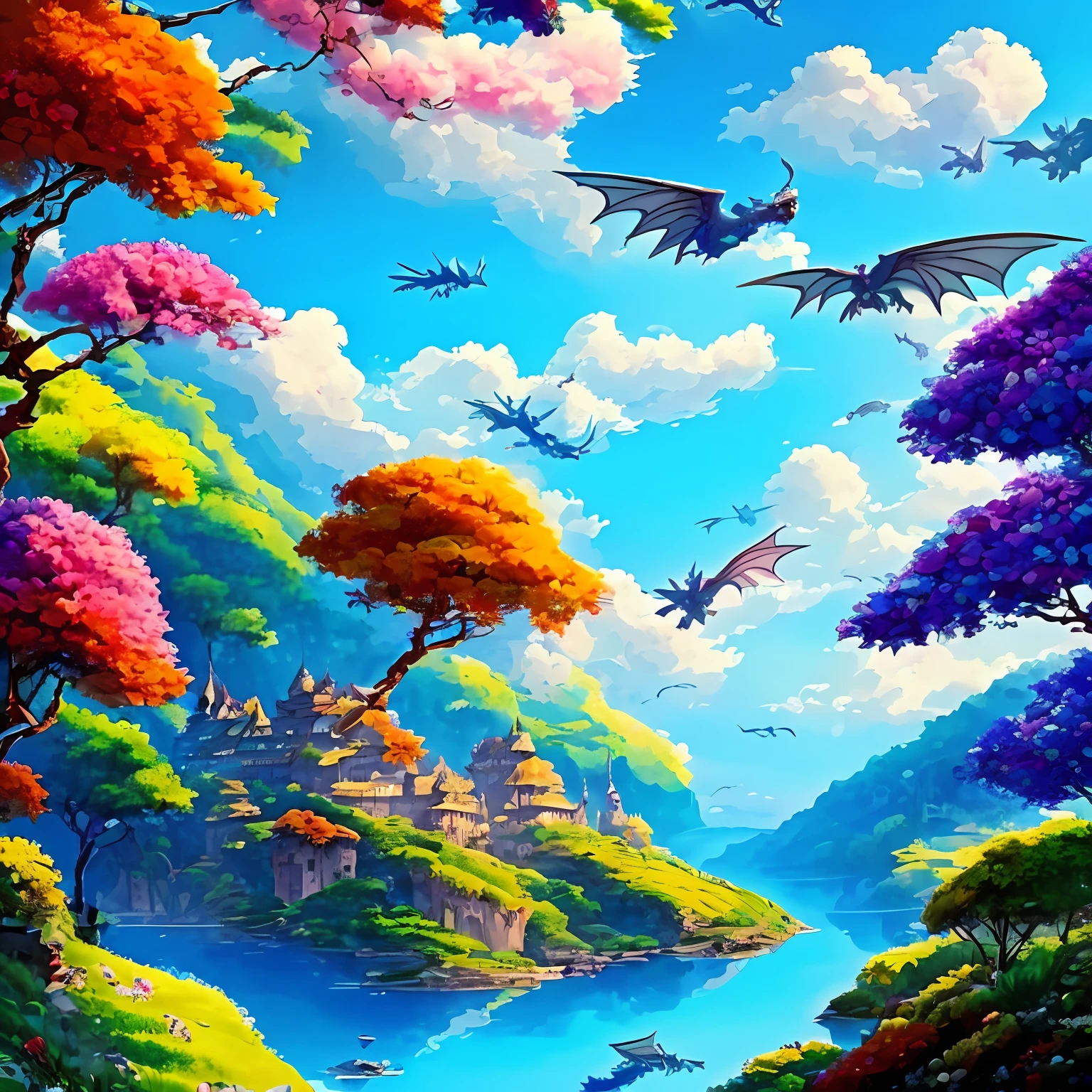 Describe a beautiful landscape of a magical kingdom with lush green hills, a clear blue sky and fluffy clouds. in sky, Enchanted dragons of different colors are flying in harmony. The colors of dragons vary between shades of blue, verde, vermelho e amarelo. They have majestic wings and are smiling as they fly.