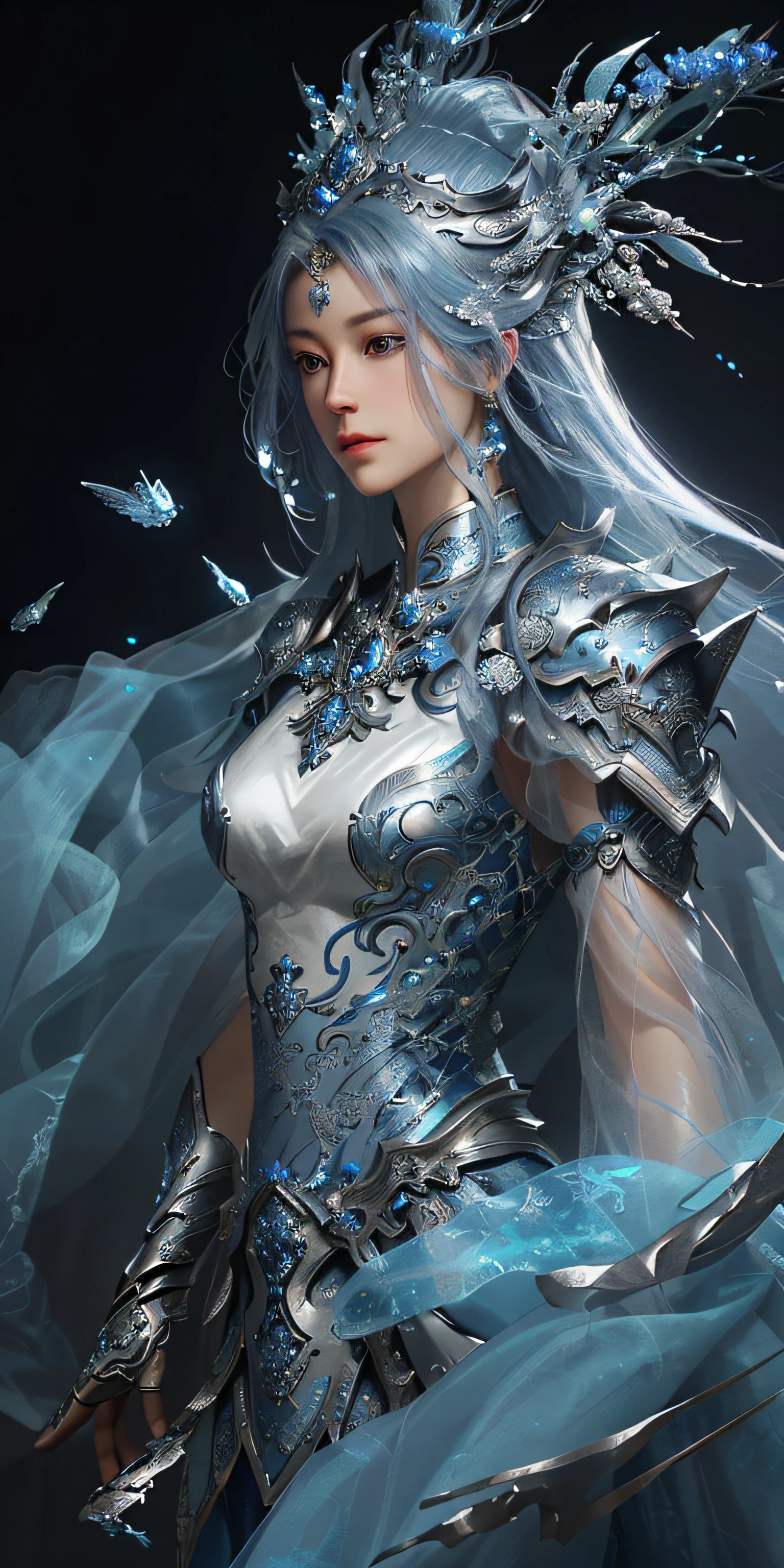 a close up of a woman in a silver and blue dress, chengwei pan on artstation, by Yang J, detailed fantasy art, stunning character art, fanart best artstation, epic exquisite character art, beautiful armor, extremely detailed artgerm, detailed digital anime art, artgerm on artstation pixiv, armor girl