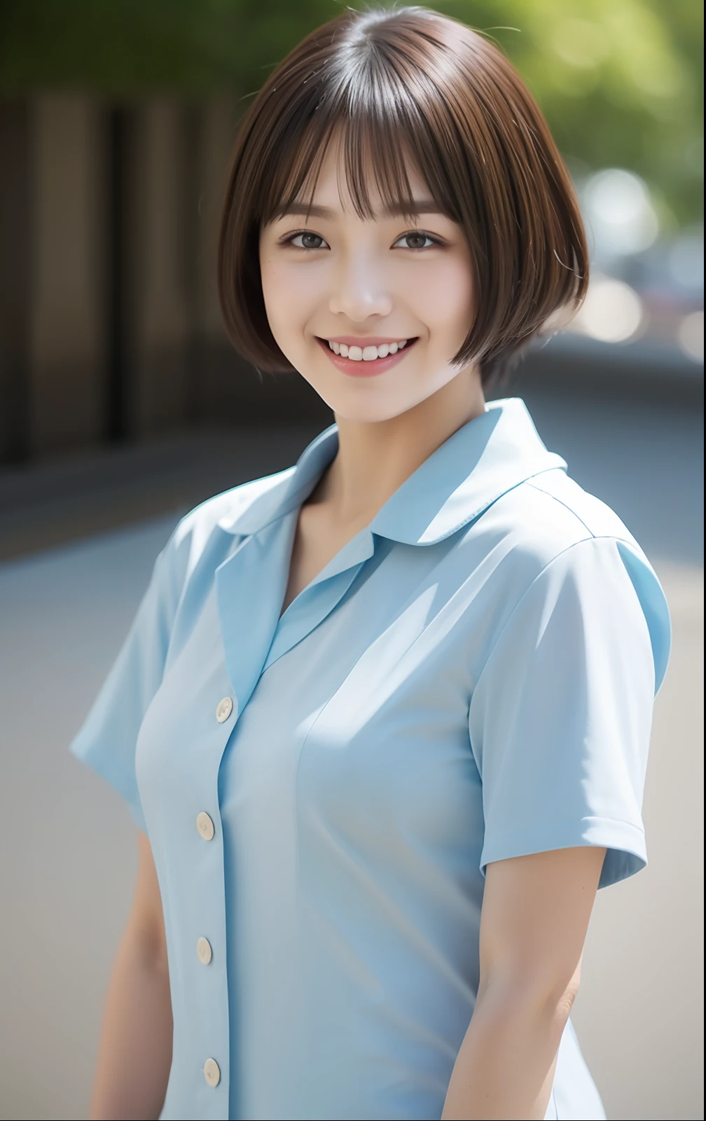 Cute Japan woman in short cut,adolable,Photorealsitic,stewardess, Smiling,Top image quality,a picture, Fine skin,realisitic, Photorealsitic, 8K, ighly detailed, full length frame, High Detail RAW Color Art, Piercing, diffused soft lighting, foco nítido, Hyper-Realism,realistic skin textures,Very meticulously
