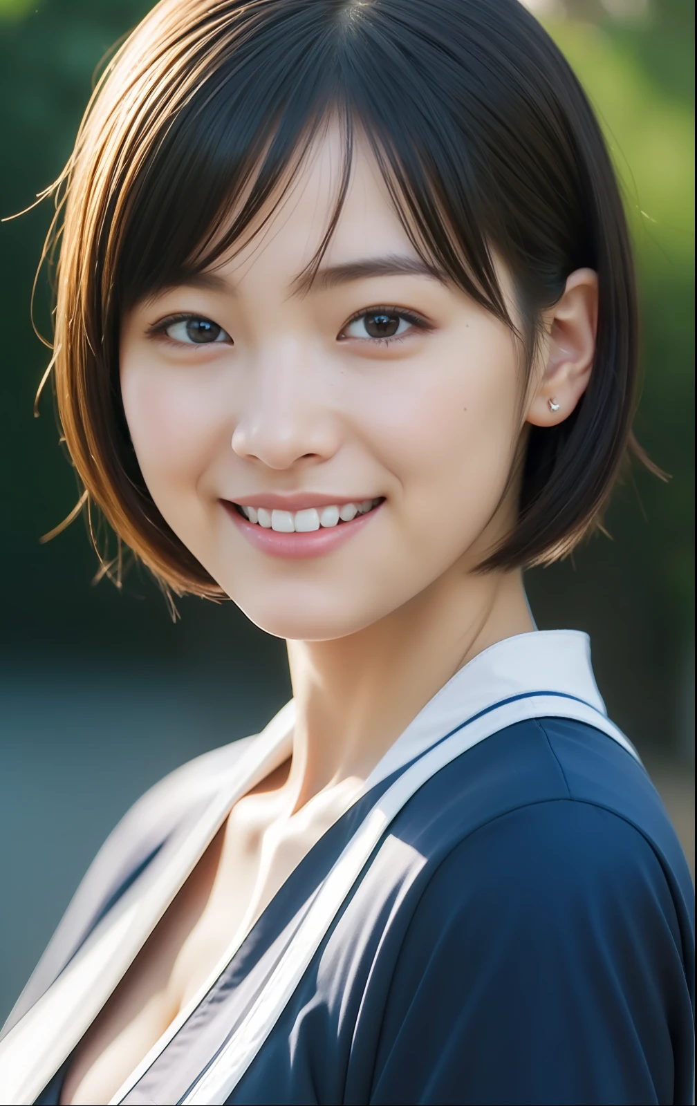 Cute Japan woman in short cut,adolable,Photorealsitic,stewardess, Smiling,Top image quality,a picture, Fine skin,realisitic, Photorealsitic, 8K, ighly detailed, full length frame, High Detail RAW Color Art, Piercing, diffused soft lighting, foco nítido, Hyper-Realism,realistic skin textures,Very meticulously