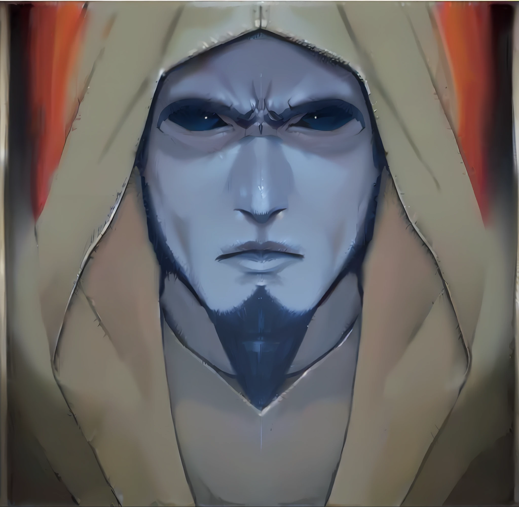 uma pintura de um homem com um capuz, face of a pale alien cultist, very serious face, pele extremamente detalhada, HD, hiperrealista, vestido de roupas de monge, do queixo sai fios brilhantes, chin has a detailed shiny black crystal piece.