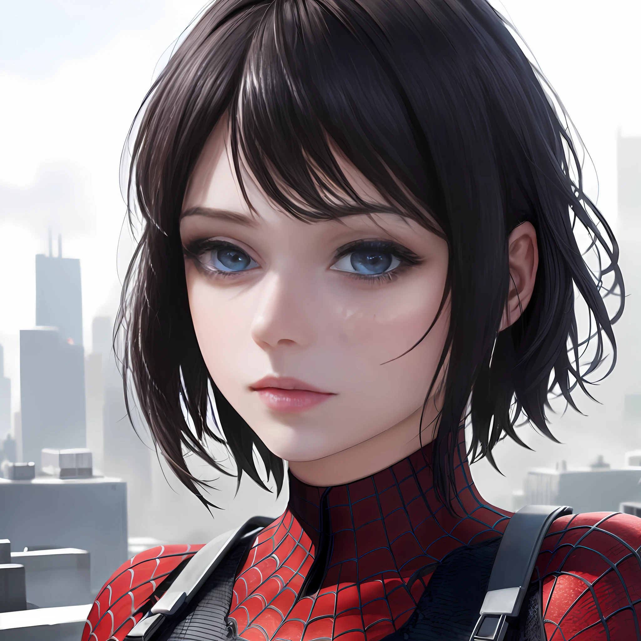 (1girl:1.3), Solo, (((Very detailed face)))), ((Very detailed eyes and face)))), Beautiful detail eyes, Body parts__, Official art, Unified 8k wallpaper, Super detailed, beautiful and beautiful, beautiful, masterpiece, best quality, original, masterpiece, super fine photo, best quality, super high resolution, realistic realism, sunlight, full body portrait, amazing beauty, dynamic pose, delicate face, vibrant eyes, (from the front), She wears Spider-Man suit, red and black color scheme, spider, very detailed city roof background, rooftop, overlooking the city, detailed face, detailed complex busy background, messy, gorgeous, milky white, highly detailed skin, realistic skin details, visible pores, clear focus, volumetric fog, 8k uhd, DSLR, high quality, film grain, fair skin, photo realism, lomography, futuristic dystopian megalopolis, translucent