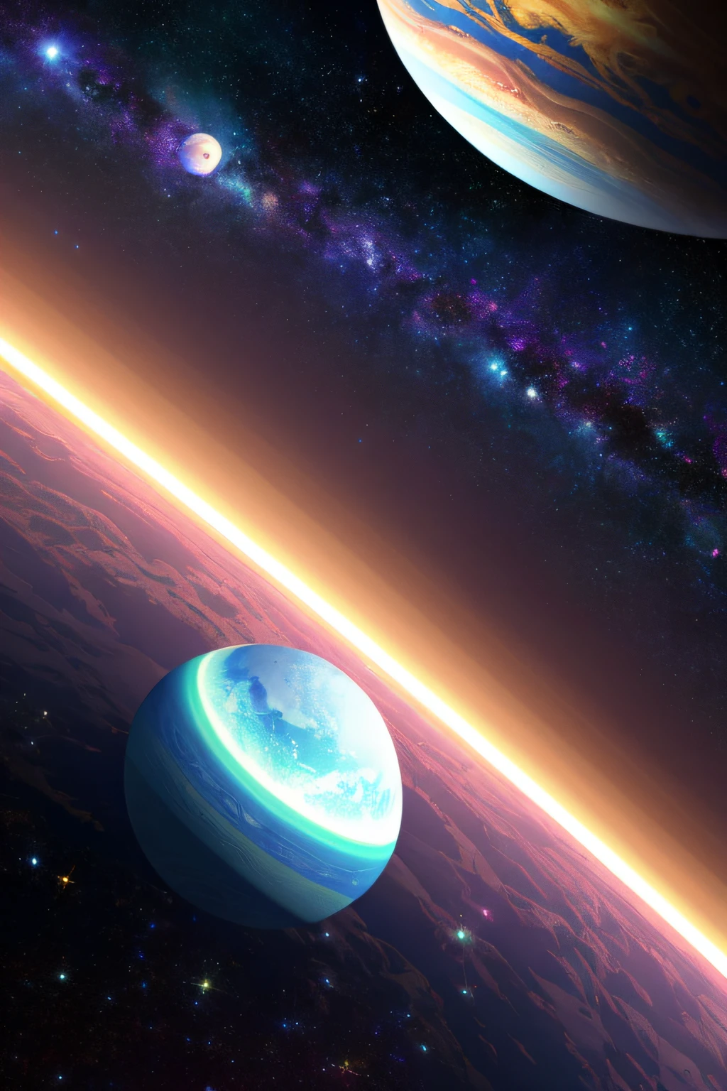 Luxurious endless universe,Planets of all colors,(The theme is the universe),Multiple different planets,Clear atmosphere,(with light glowing),SENSE OF CINEMA,The best reflections,(Best quality at best),A high resolution,high detal,8K,No edges,3D,Three-dimensional feeling, --auto