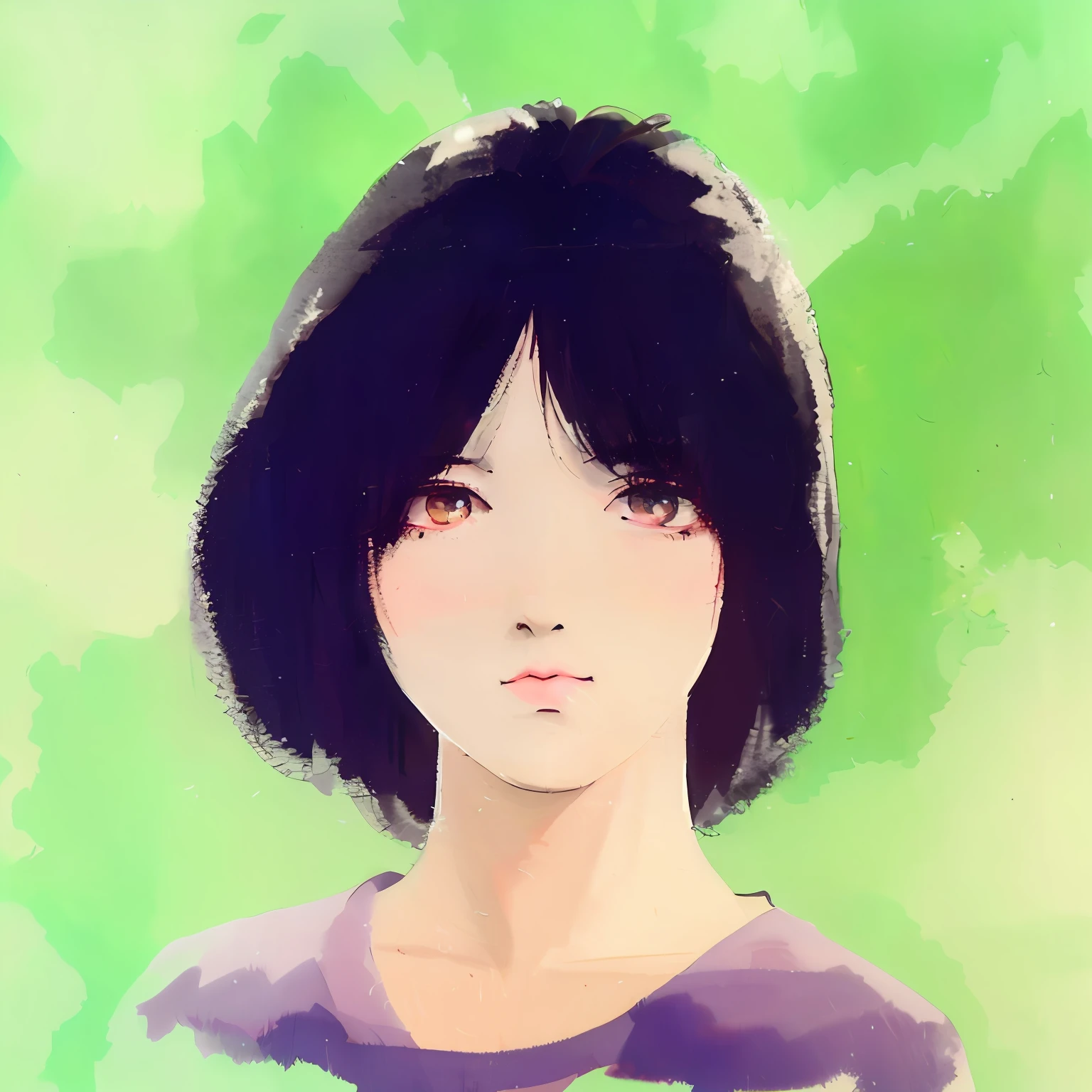 painting of a woman with a black hair and green eyes, girl with black hair, fubuki, inspired by Chiho Aoshima, studio ghibli painterly style, anime portrait of shiina ringo, color portrait, lain iwakura, lofi portrait, portrait of lain iwakura, inspired by Rumiko Takahashi