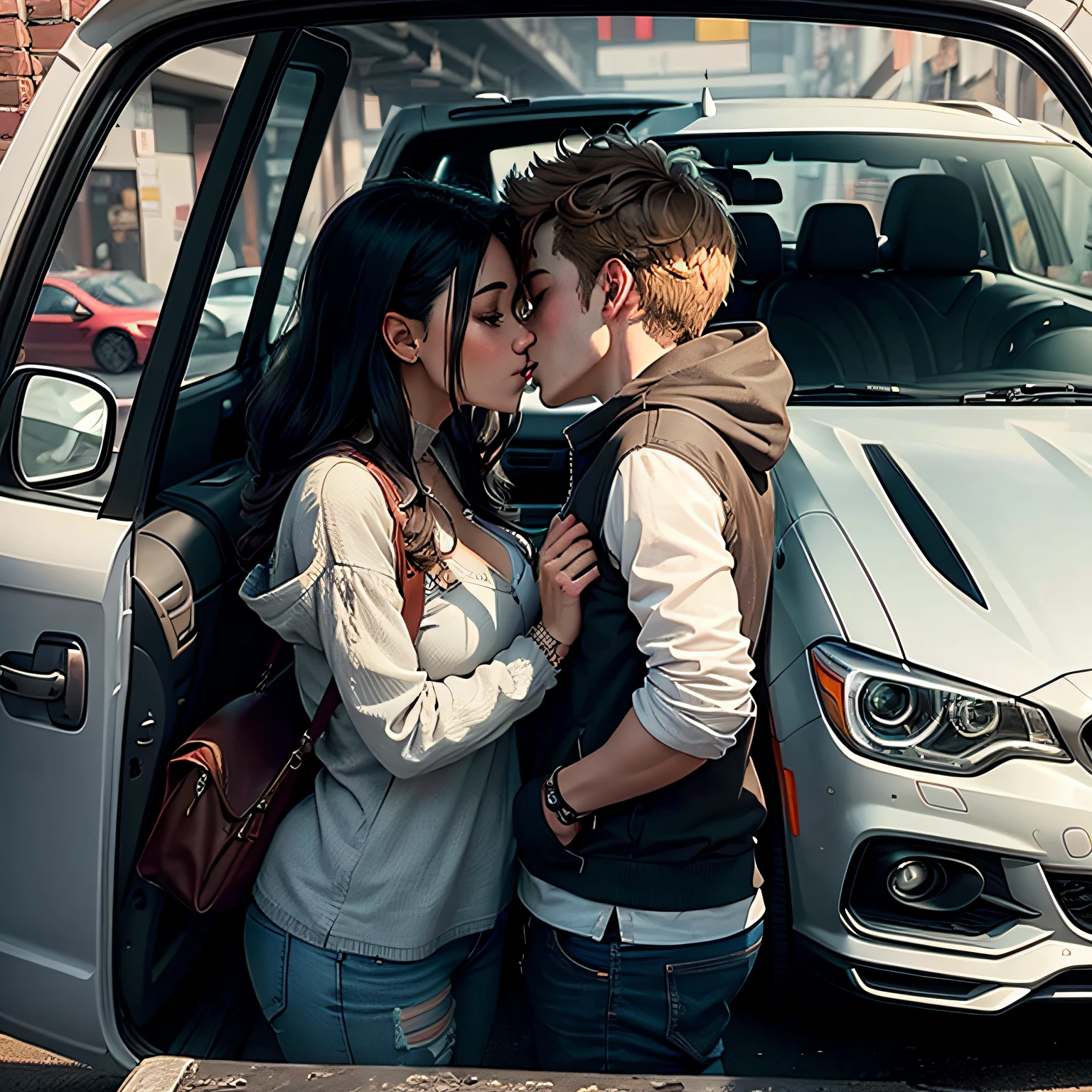 A couple passionately kissing in a car shop as another woman enters and surprises them.