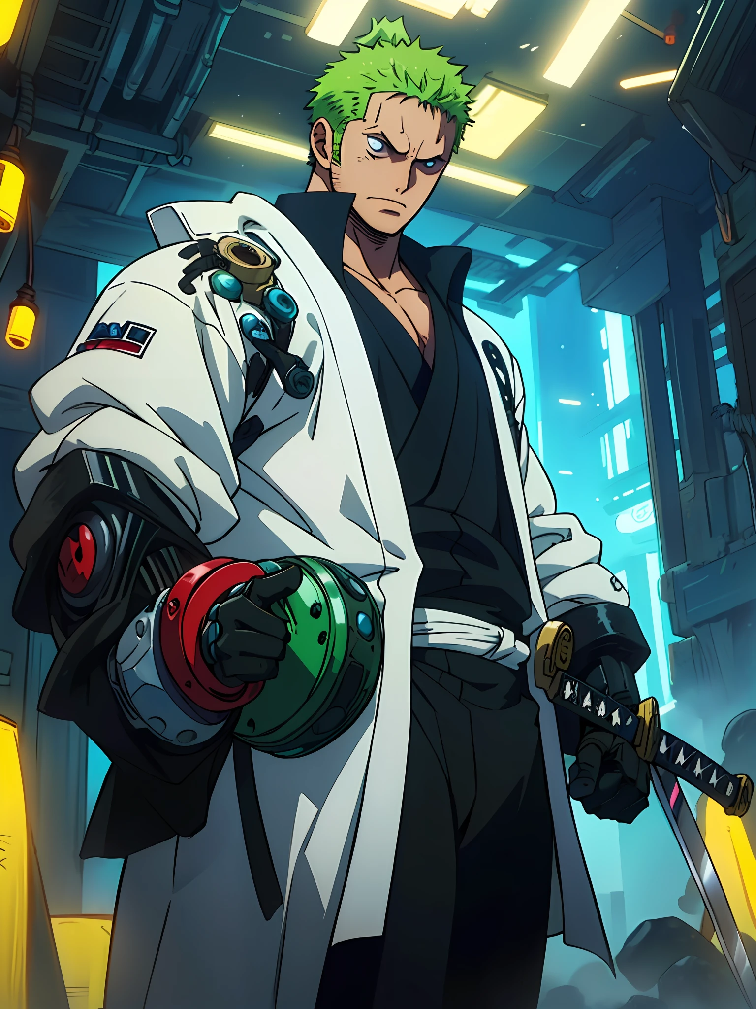Roronoa Zoro (Obra prima, 4K分辨率, ultrarrealista, muito detalhado), (Tema de samurai branco, um espadachim, vestindo um quimono azul com detalhes de nuvem no "obi" faixa, He is commander of the First Division of the Leader of the Mugiwara Band, obra "One Piece"), [ ((19 anos), (curtos cabelos verdes:1.2), corpo inteiro, (olhos azuis:1.2), desembanhando sua katana), ((futuristic post-apocalyptic environment):0.8)| (Chaotic and gloomy landscape), (sol ofuscado))]. Ultra-High Definition 4K Paint, muito realista, muto detalhada. Ele mostra um espadachim, mestre do estilo Santoryu de katanas, vestindo um quimono azul com detalhes de nuvem na faixa da cintura. The subject in the painting is a subject of a white swordsman, holding with one hand his black katana enma, o protagonista masculino tem curtos cabelos verdes, is 19 years old and his entire defined body is shown in the painting, with characteristics of pumped endomorph, (android, cyberpunk, mechanical arm, cyborg, mechanical prostheses).