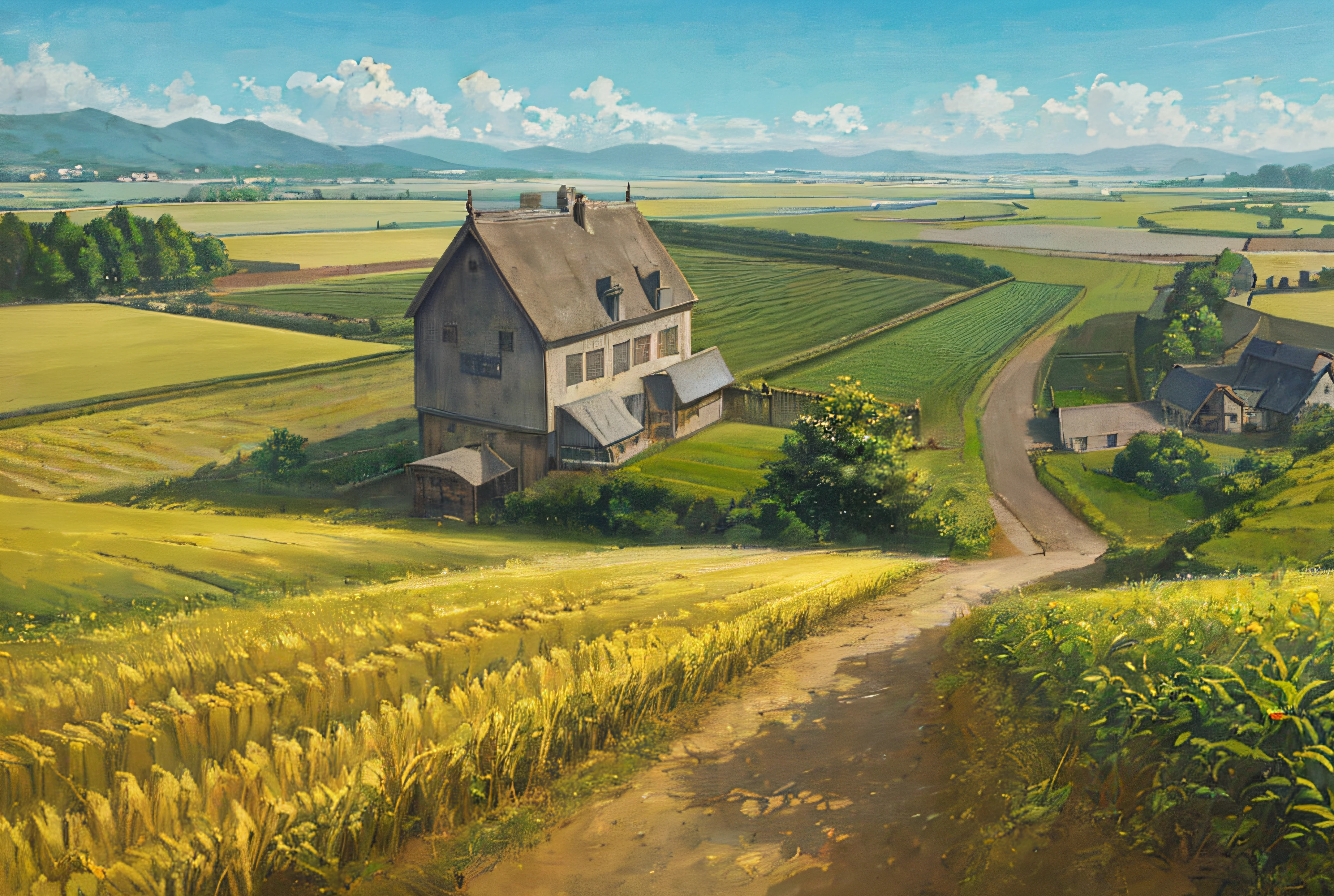 (((Best Quality))), high saturation, clear, reasonable structure, cartoon style, architecture, bridge, construction, castle, chimney, cloud, cloudy_sky, day, fantasy, door, grass, house, mountain, no_humans, outdoor, river, landscape, sky, sunset, tree, window, real, beautiful and amazing landscape oil painting Ghibli Studio Miyazaki's wheat field with blue sky and white clouds, wheat field, wheat --v6