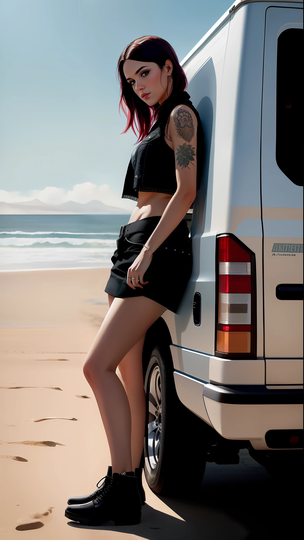 photo of the most beautiful artwork in the world featuring  a modern punk woman, leaning against a van on a California beach, trending on ArtStation, CGSociety, Intricate, High Detail, Sharp focus, dramatic, photorealistic painting art by greg Rutkowski