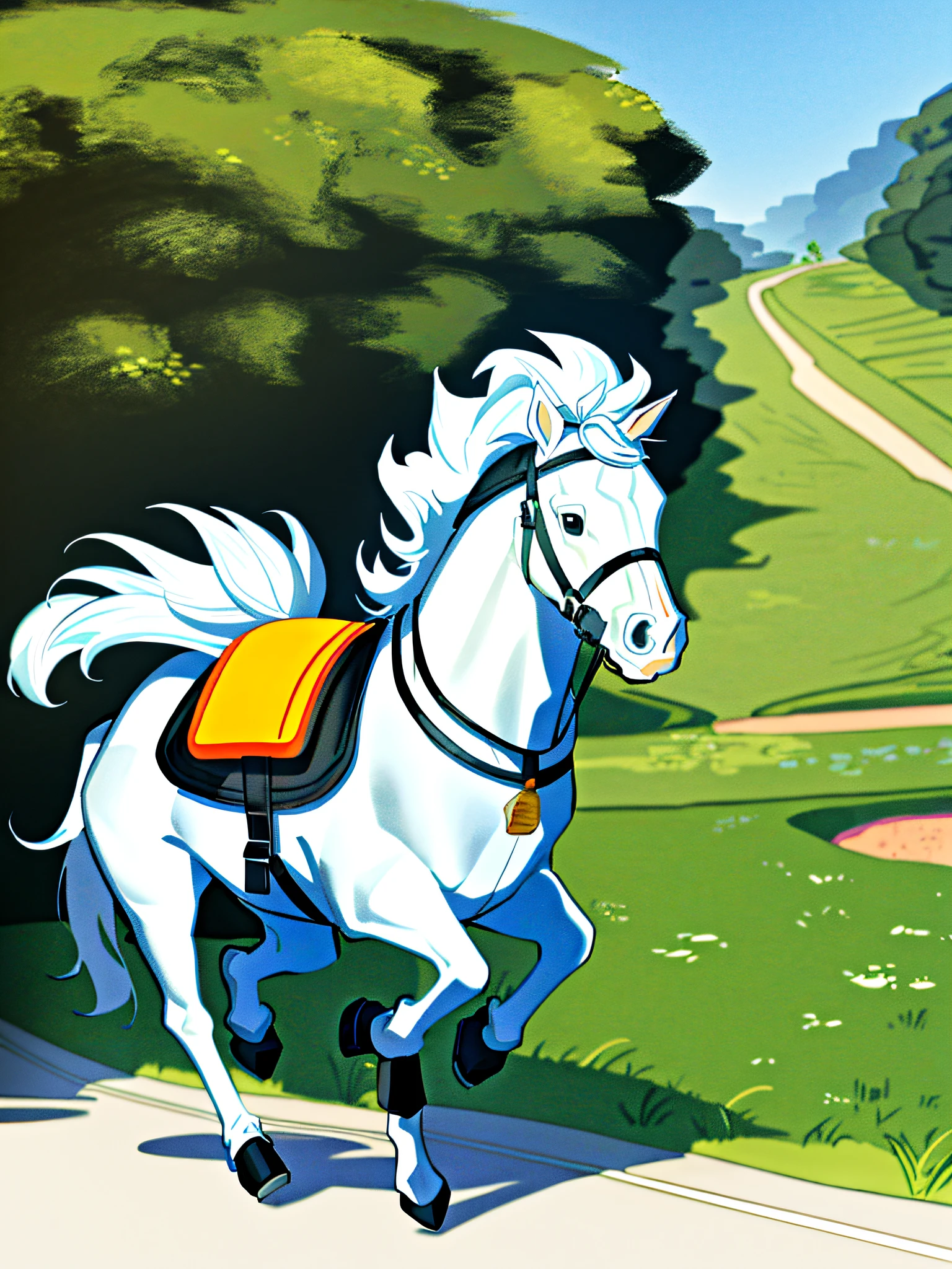 um lindo cavalo, branco, correndo, a crina ao vento, vento na crina,crina comprida  ((obra-prima))