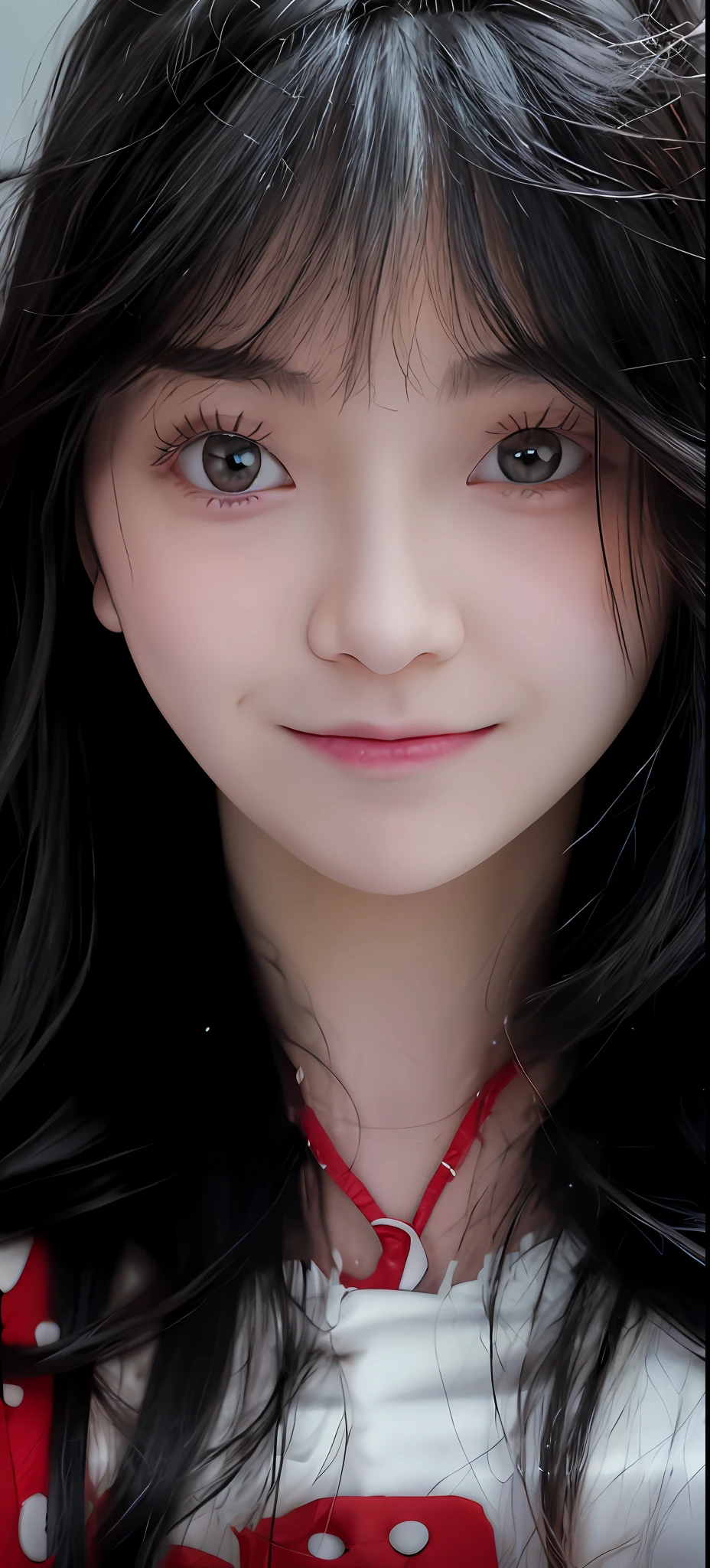 Close-up of a woman with long black hair and a white shirt, with round face, Pink round face,ssmile， with small nose, ulzzangs, Korean symmetrical face, Asian face, soft eyes and narrow chin, jaeyeon nam, close-up face, wan adorable korean face, Face picture, Choi Hyun-hwa
