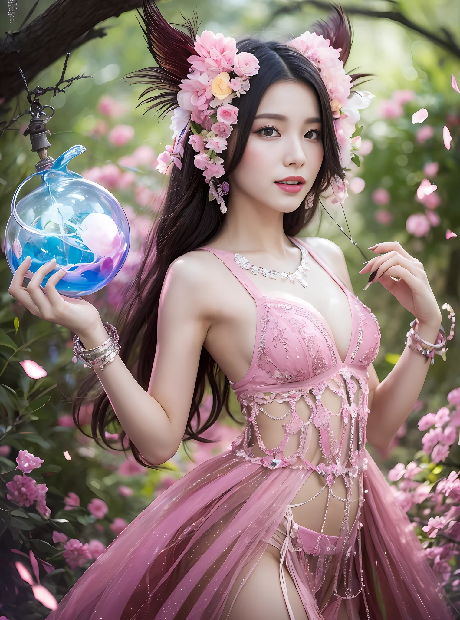 (top-quality、hight resolution、masterpiece:1.3)、Works centered on pink。Creating women's works that combine a dark and crazy world with quality, Pink color and intense fantasy elements。She has a charming figure.、The pink fashion style that wraps around the whole body highlights her personality。She grinned。The background is a fantastic fantasy world.、An eerie pink magic light dances、Strange creatures and pink magic flowers exist。Pink light petals flutter。Her figure is mysterious.、Perfect blend of feminine vibes and fantasy essence。 Light and shadow effects are skillfully expressed、Pink costume details and faces and expressions are depicted in detail.。The fantasy element is even more powerful、Pink magic light envelops her。The overall atmosphere is mysterious and enchanting, yet、Gives a unique artistic touch。This work is、It stands out for its pink and bright tones.、Evokes visual stimuli and aesthetic sensations、Gives the viewer interest and mystical charm。 Weaving fantasy elements、Creating high-quality works woven into a bright and fantastic world。Her eerie and charming figure and fantastic background、It will make a deep impression on the viewer as a unique work of art.。