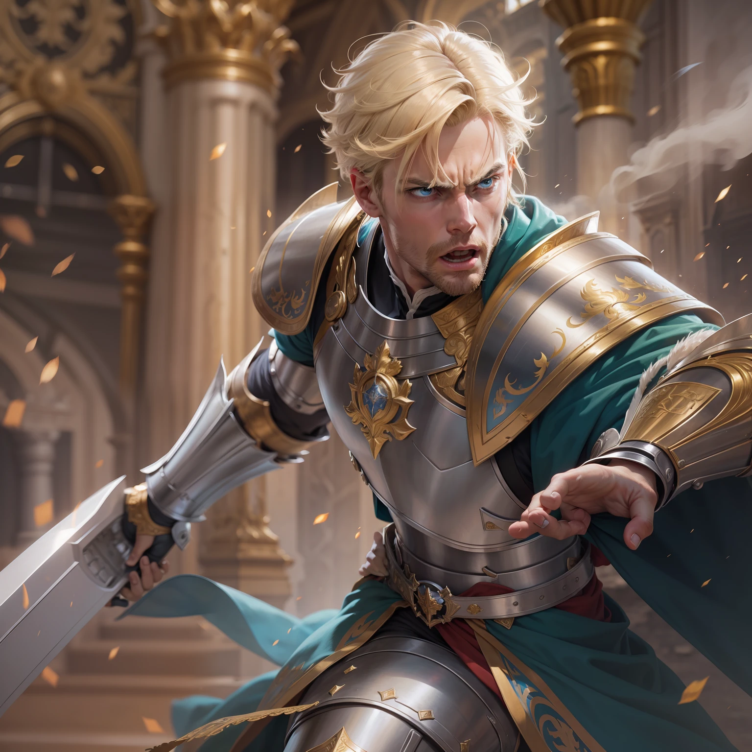 realistic image a blond man with short hair, 35 years old, blue eyes, angry expression, dressed in clerical attire with silver armor on his chest and with golden shoulder pads, firing a powerful and blinding attack, scenery of a royal palace hall