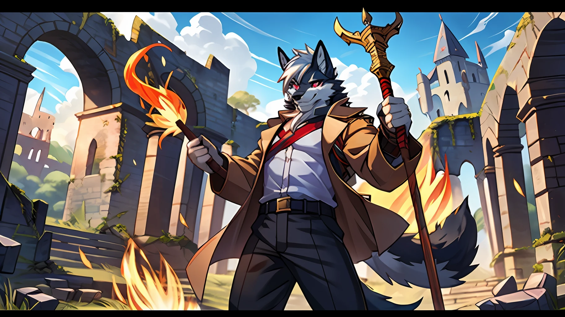(male wolf) (furry), in the ruins of a castle, detailed face (left eye red) (right eye white) (gray hair with red stains), short hair, looking at viewer, seductive smile (smirking), trench coat with golden accessories, dark gray dress pants, digital painting, furry art, mage, yielding a staff, magical fire, black fur, long soft tail, high quality, highly detailed, 8K, HD, blurr background, basic background