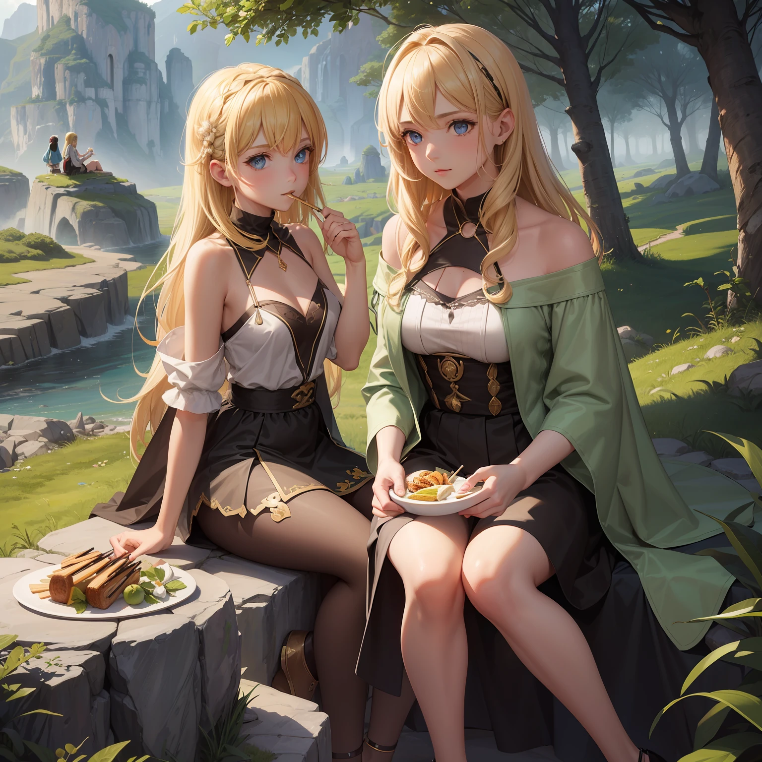 Ultra detailed illustration of Two sisters, -yeld ((nde)) and 14-year-o (( hair eating skewers on a rock near a road with travellers coming, sun rays, Full body, Fair Skin, Robes, Accent lighting, Maximilian Pirner merged with Wlop, Stardew valley merged with League of Legends, Vector, Lush forest, Bloom, , Stunning enviroment, Celestial, Sharp strokes, scenery ,