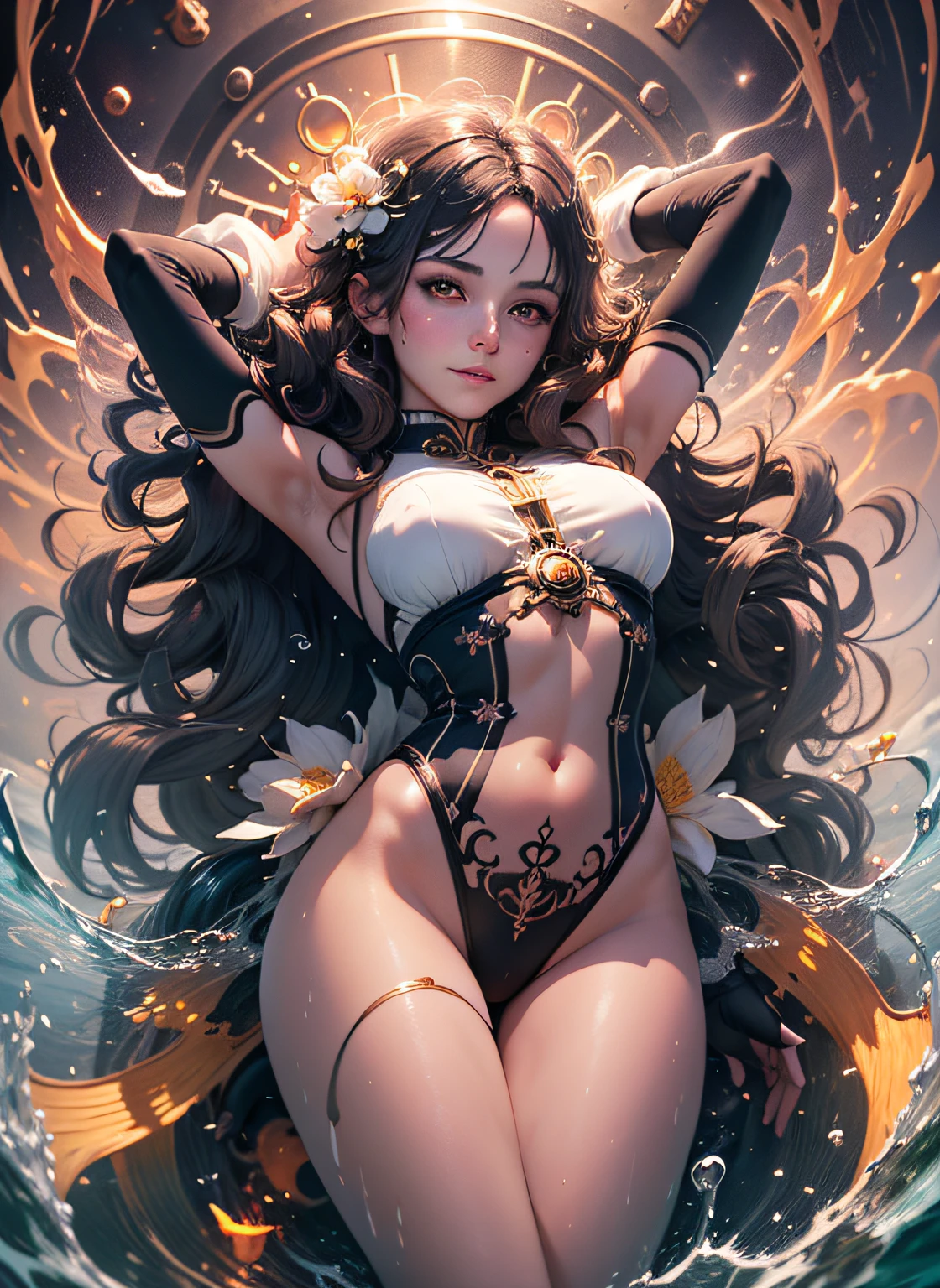 Goddess maiden, gorgeous, splashing, flame, flowing pen and ink,full female body, beautiful caucasian girl close-up, body in dynamic movement, oil, digital art, splash, full body, Ray-traced sunset rendering, shimmery water, light rays, billowing clouds, light reflections, vibrant colors, detailed, glitch art, water, 8k, oil painting, art by Sakimichan, Daniel Gerhartz, mixed digital painting technique, digital painting, super smooth , fluid, 3d fractals, light particles, spirit ink, smooth, shimmery, dreamy glow, 16k, sf, complex art masterpiece, sinister, matte movie poster, golden ratio, cgsociety trend, intricate, epic, artstation trend, highly detailed, vibrant, production cinematic character renderings by artgerm, H.R. Giger and Beksinsky Ultra Quality Model, cloudy night sky storm, sunset red clouds storm cloudy, rough sea, psychedelic waves, skin and clothes wet with water, drops of water, floating bubbles, magical lights, fantasy, filigree, cloudy night sky storm, sunset red clouds storm cloudy, rough sea, psychedelic waves, splash,Sakimichan style art, oriental mandala tattoo, fractal background, silver and gold and bronze spirit, natural skin moistened with water, slight smile, view from below, perfect golden eyes, long curly black hair, floating antique clock, lamp ancient, splash,seductive pose, visible pubic hair, breasts visible,full body, black hair, Transparent clothing, slight smile,, open legs, view of pubic hair, 1 sexy girl in transparent forest clothes,exposed breasts, open transparent t-shirt,mandala and flower tattoos, La mejor calidad, view from below, small breasts in sight, Jean-Baptiste Monge style, bright, beautiful , splash, Glittering , cute and adorable, filigree, , rim lighting, lights, extremely , magic, surreal, fantasy, digital art, , wlop, artgerm and james jean,floating antique clock, lamp ancient, splash,floating antique clock,