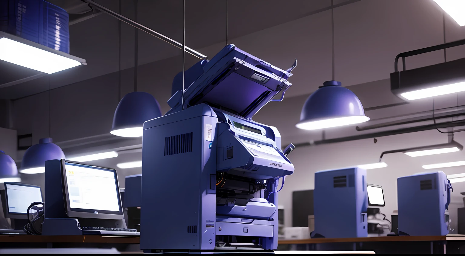 (modern environment),(printer), workers, blue lighting, purple lighting, --auto