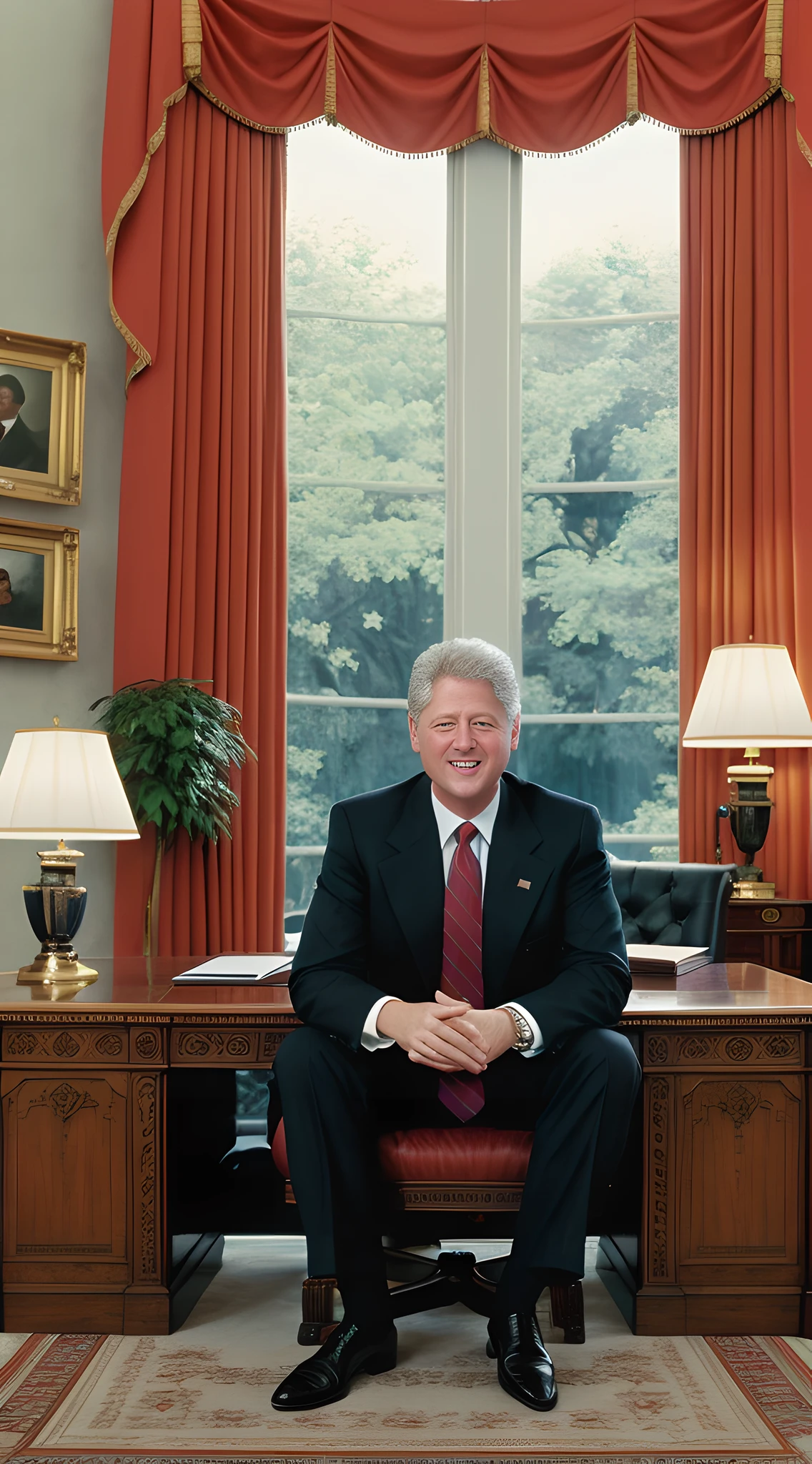 (masterpiece, high resolution, photo-realistic:1.3), President Bill Clinton, (dark 1990s presidential suit:1.2), vibrant tie, (audacious smile:1.2), seated at polished Oval Office desk, historic documents, brass lamp, American flag, family photos, expansive windows, sunlit garden view, 90s-era technology, warm colors, powerful, looking at viewer, cheerful, full body view.