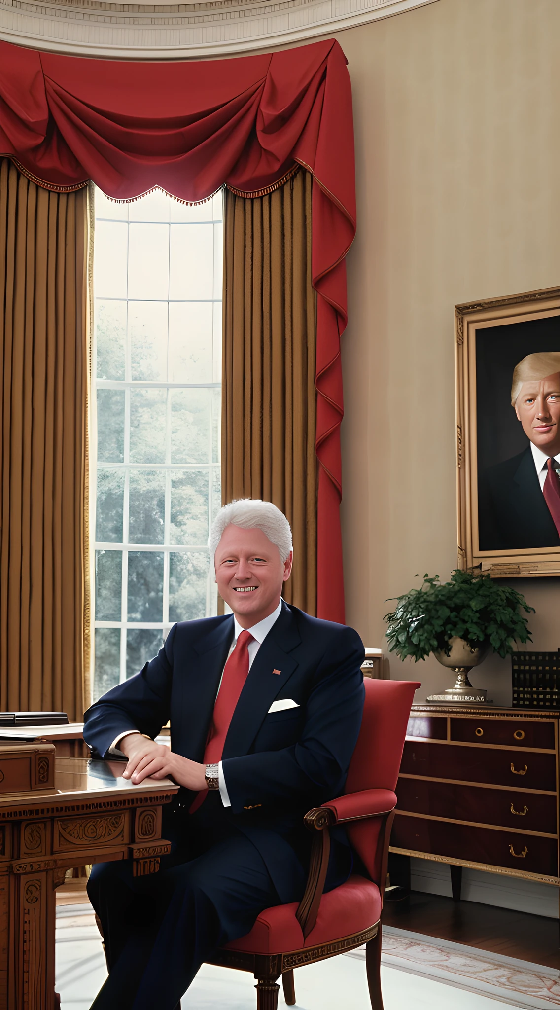 (masterpiece, official art, UHD, trending on ArtStation:1.2), Bill Clinton, (1990s formal presidential attire:1.3), distinguished, (warm, engaging smile:1.1), comfortably seated, imposing office desk, presidential mementos, red phone, elegant bookcases, historical paintings, Oval Office window, lush White House lawn view, (mid-day light filtering in:1.2), dynamic angle, looking at viewer.