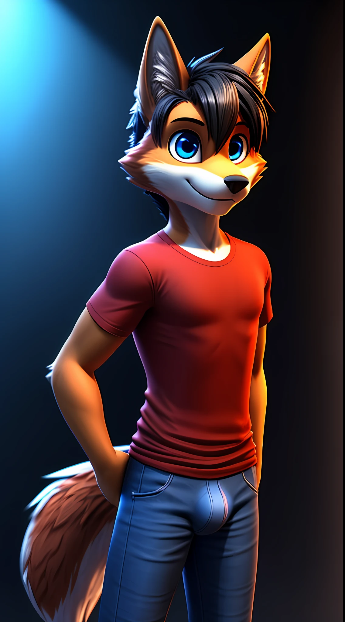masterpiece, anthro, red furred male wolf, with short black hair, wearing a red shirt, blue jeans with a little bulge standing, dark background, yellow light on the back, 3D, smiling, looking forward, big eyes