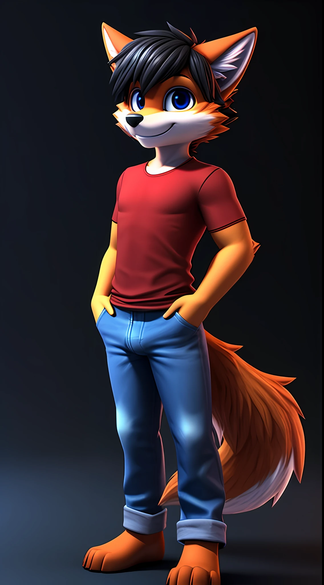 masterpiece, anthro, red furred male wolf, with short black hair, wearing a red shirt, blue jeans with a little bulge, standing, dark background, yellow light on the background, 3D, smiling, looking forward, big eyes