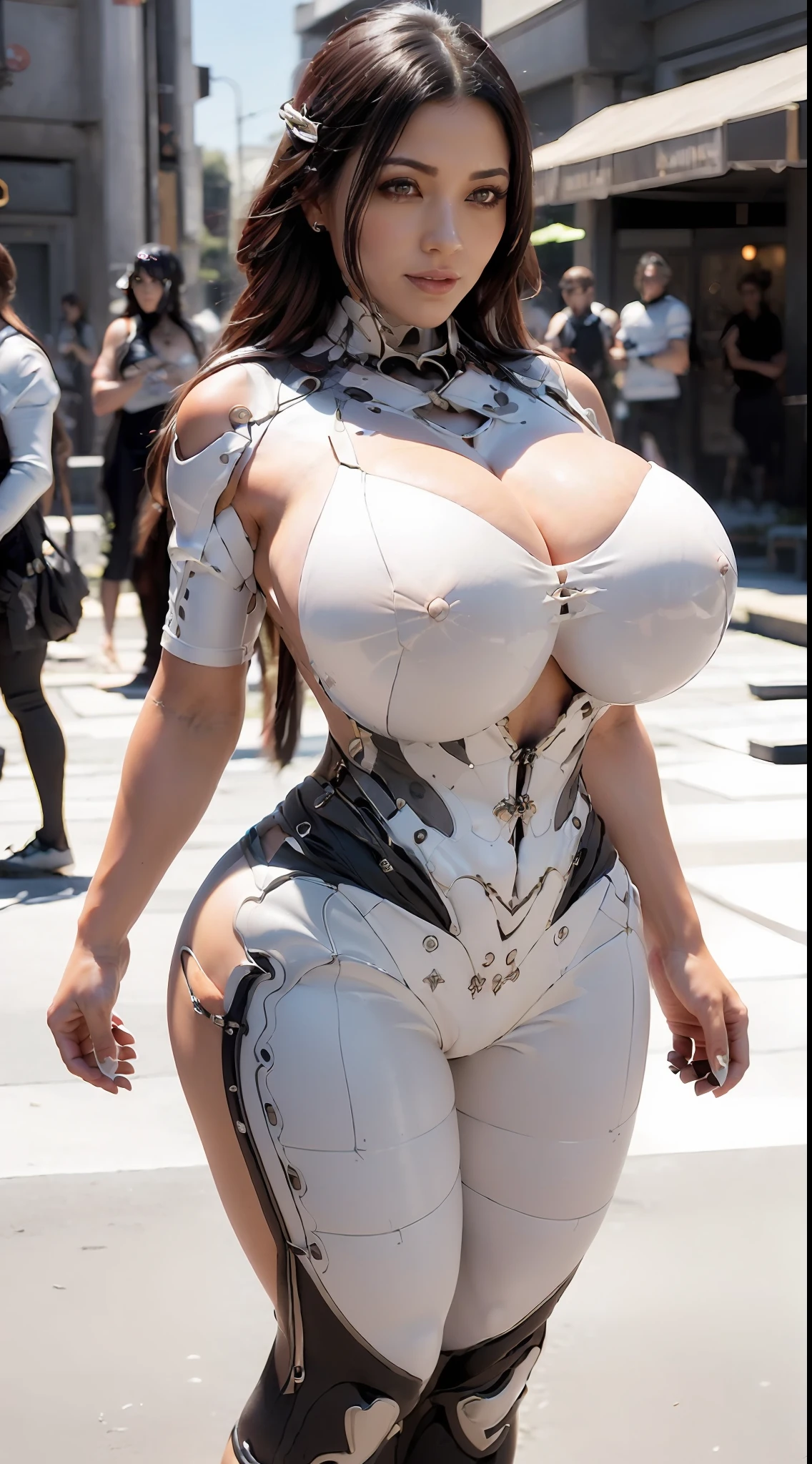 ((Unreal Engine 5)), Realistic Rendering, Excellent, lights on suit armor, helm, (Yoga Pants), looking on viewer, dynamic pose on street, beautiful face, makeup, (photorealism:1.2), ultrarealistic uhd face, (huge fake boobs:1.4), (gigantic breasts:1.1), (muscle abs), (big butt), (wide hips), (thick thighs), slim waist, hourglass figure, half body, ((glowing skin)), ((shiny skin)), Realistic body, ((she is sexy)), ((clean skin)), photorealistic, bokeh, motion blur, masterpiece, highres, 1080P, super detail, textured skin