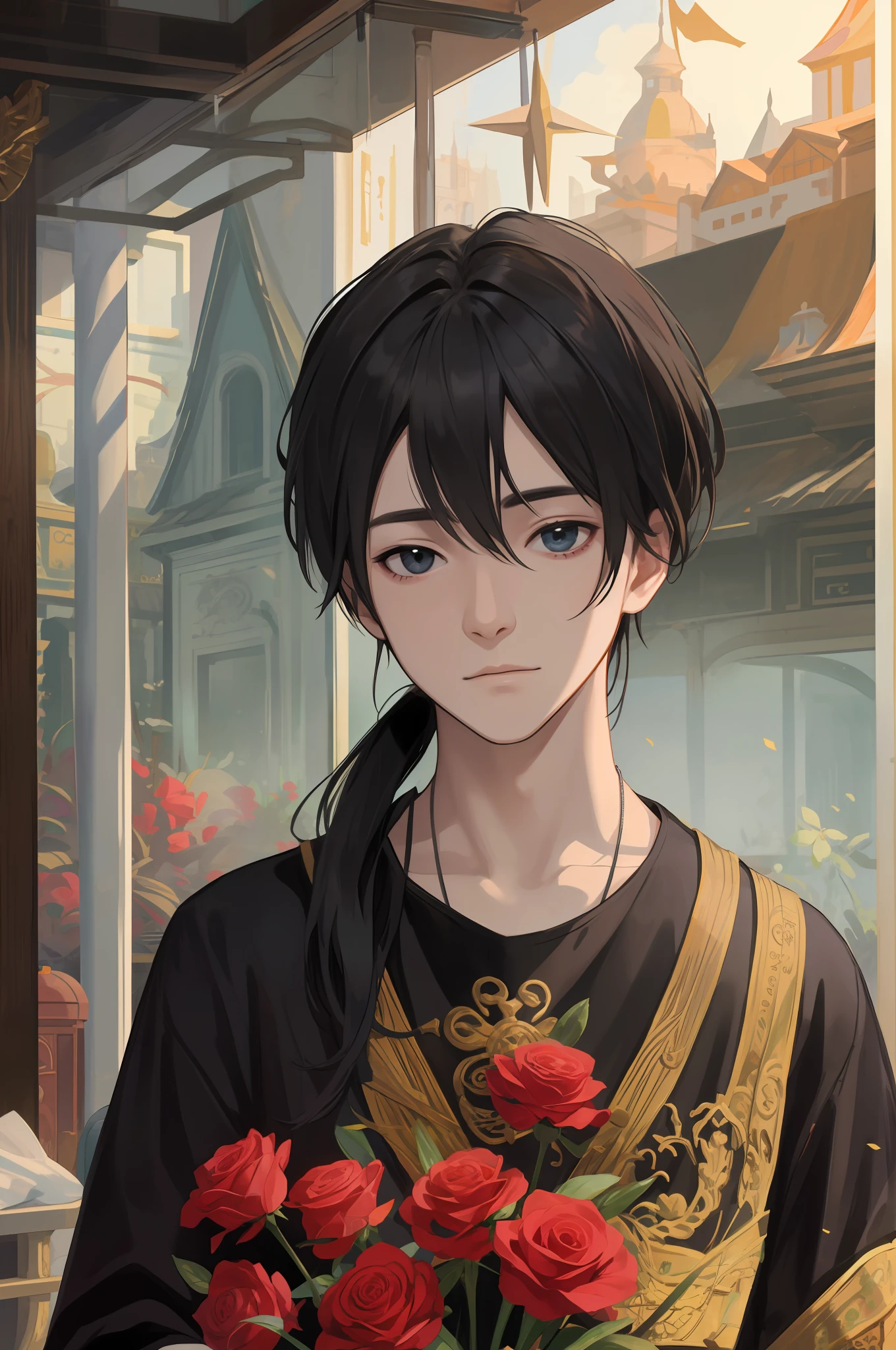 NSFW, obra-prima, melhor qualidade, ultra-detalhado, semi-realista, detailedfacialfeatures, ( 1boy, da cor negro )cabelo rosas, cabelo curtos, olhos rosas, vestindo uma roupa antiga detalhada e intrincada Xianxia, olhando para o espectador irritadamente