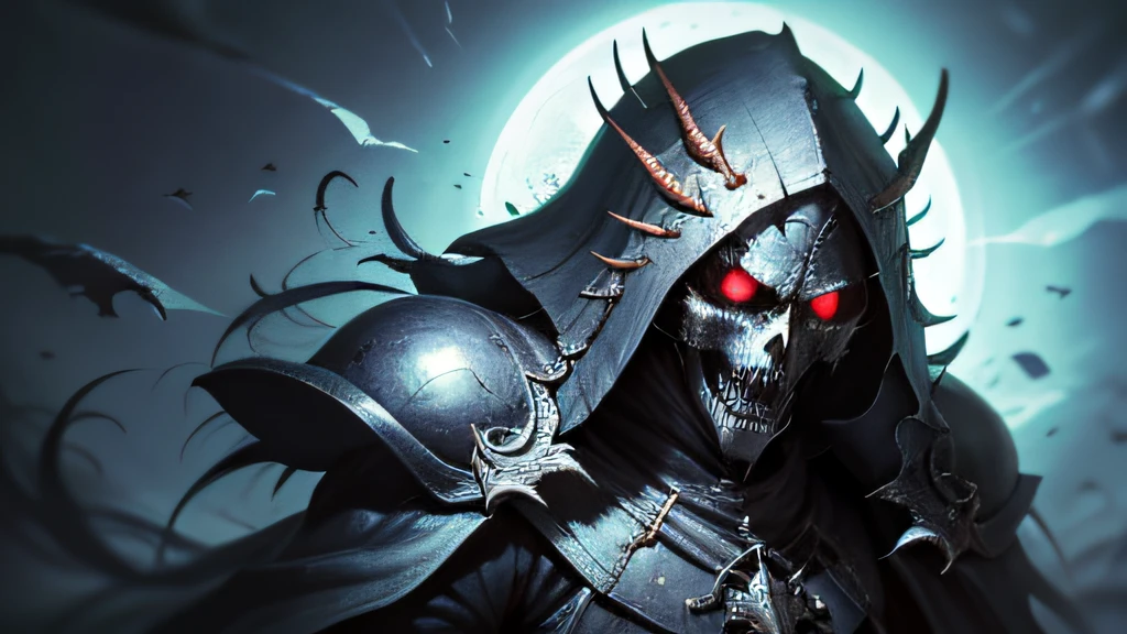 Powerful cursed lich, undead horde master, doombringer, living reaper, cursed magic sign, evil magical energy, dark, gritty, masterpiece, suddenly appearing before your eyes Highly Detailed, Photorealistic, High Resolution
