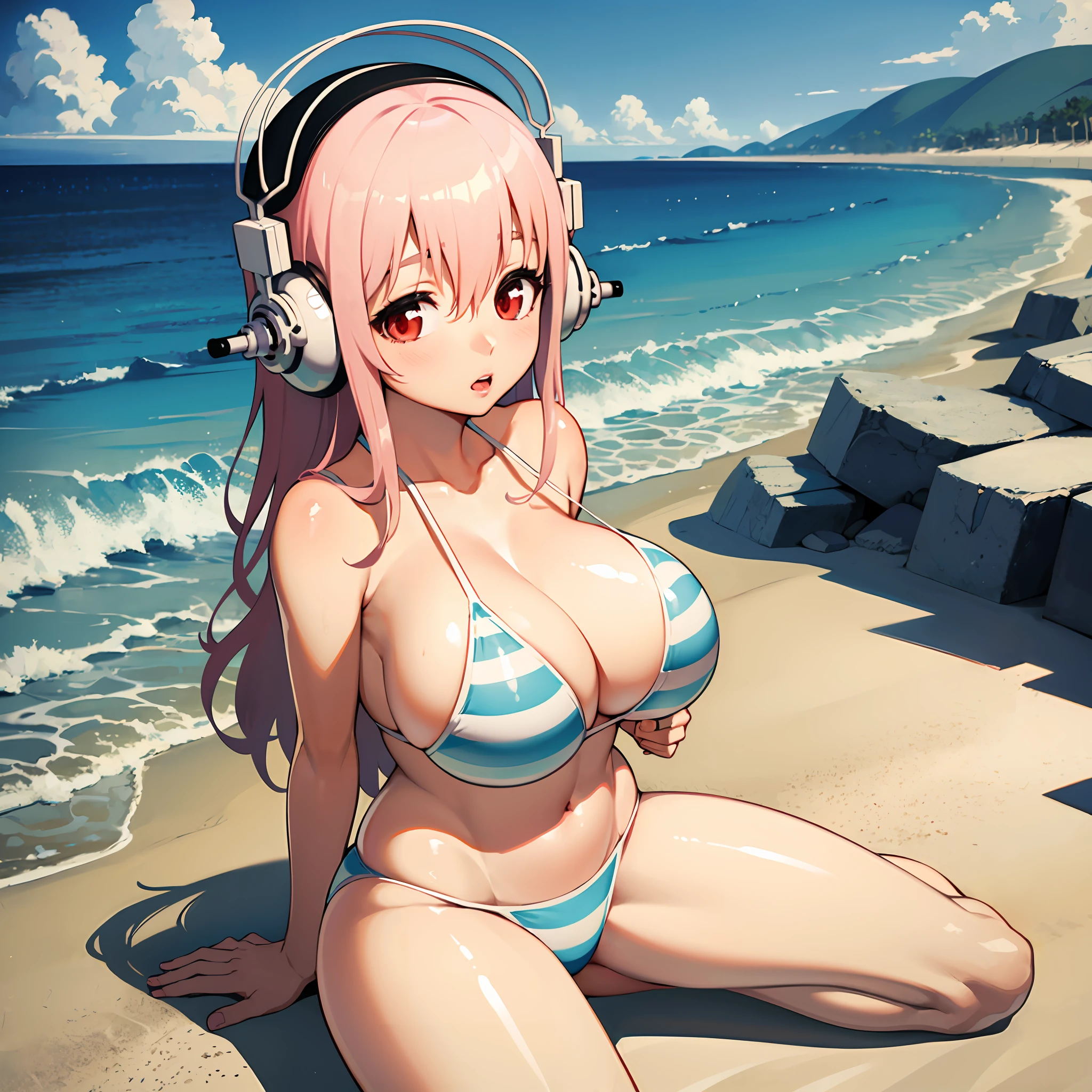 Super Sonico enjoying the beautiful beach scenery, with her red eyes shining and headphones on, sitting on the sand in a white and blue striped bikini, massive breasts, huge breasts, 1girl, solo, masterpiece, high quality