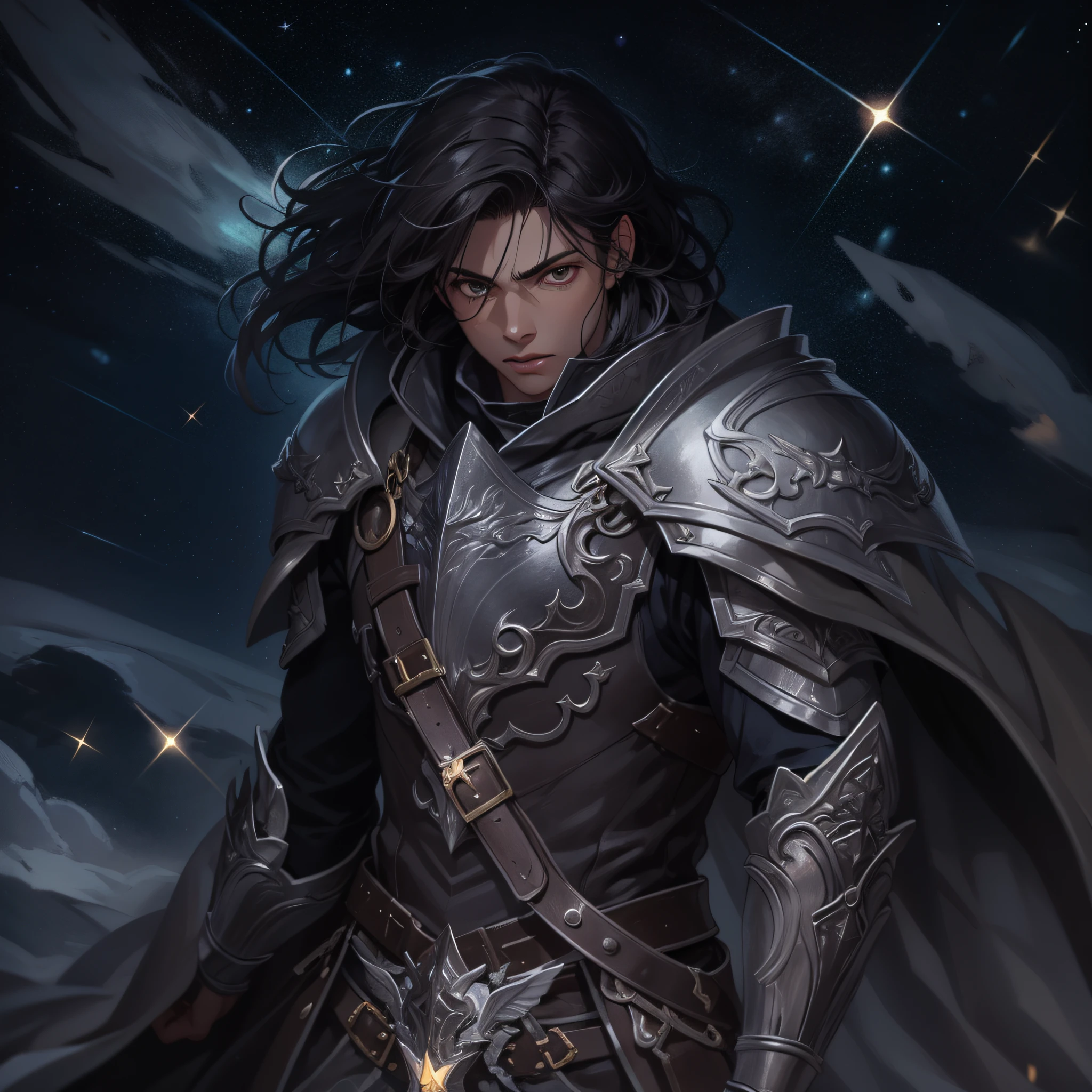 man, light skin, brown eyes, face focus, detailed armor, detailed silver sword, black cape, dark hair, war scenery, night, starry sky