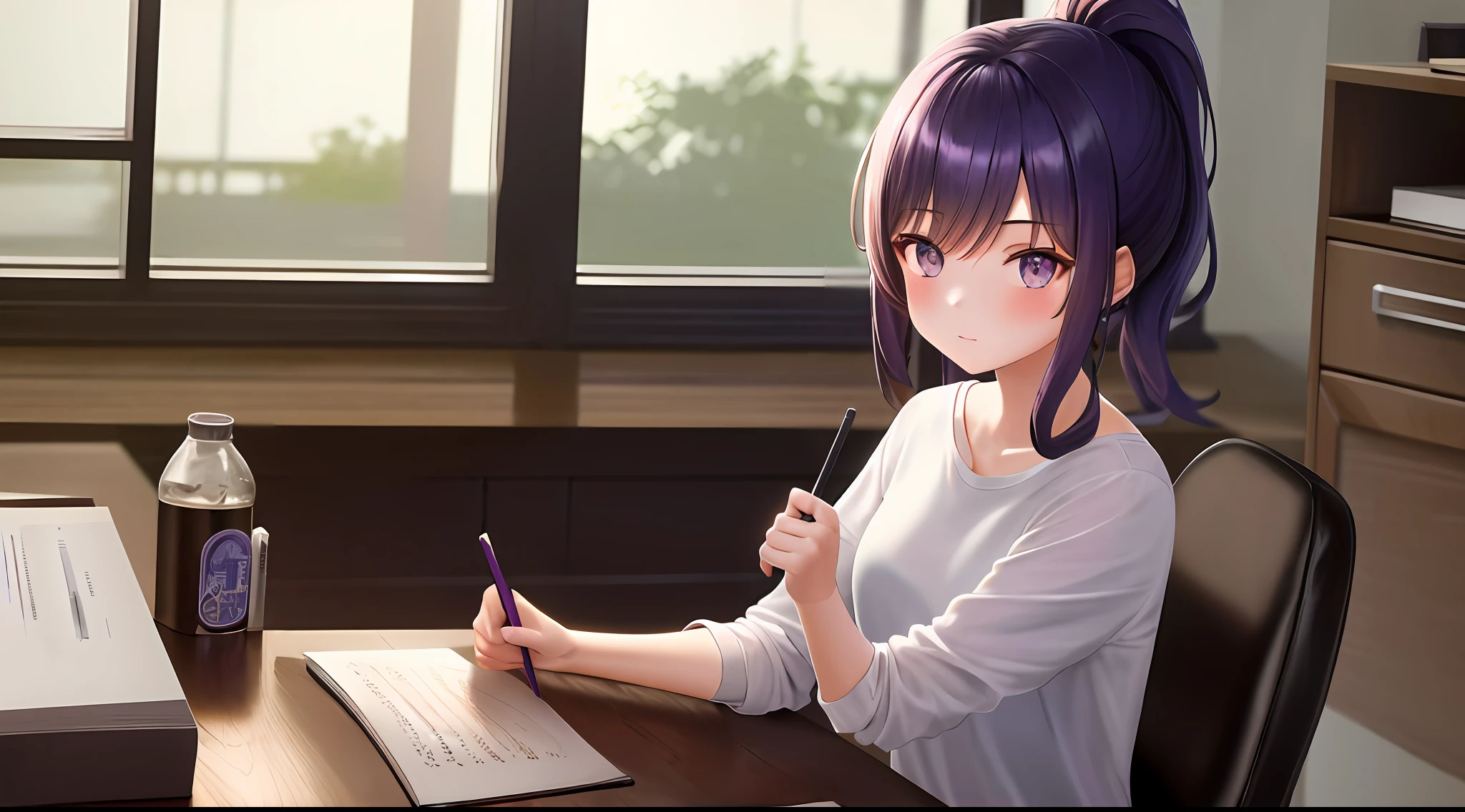 ​masterpiece, top-quality, hight resolution, a 1 girl, Loose white t-shirt、 Girl sitting on chair studying drafting at desk,、Beautie、cute little、20 talents、High Ponytail、Idol、purple color  hair