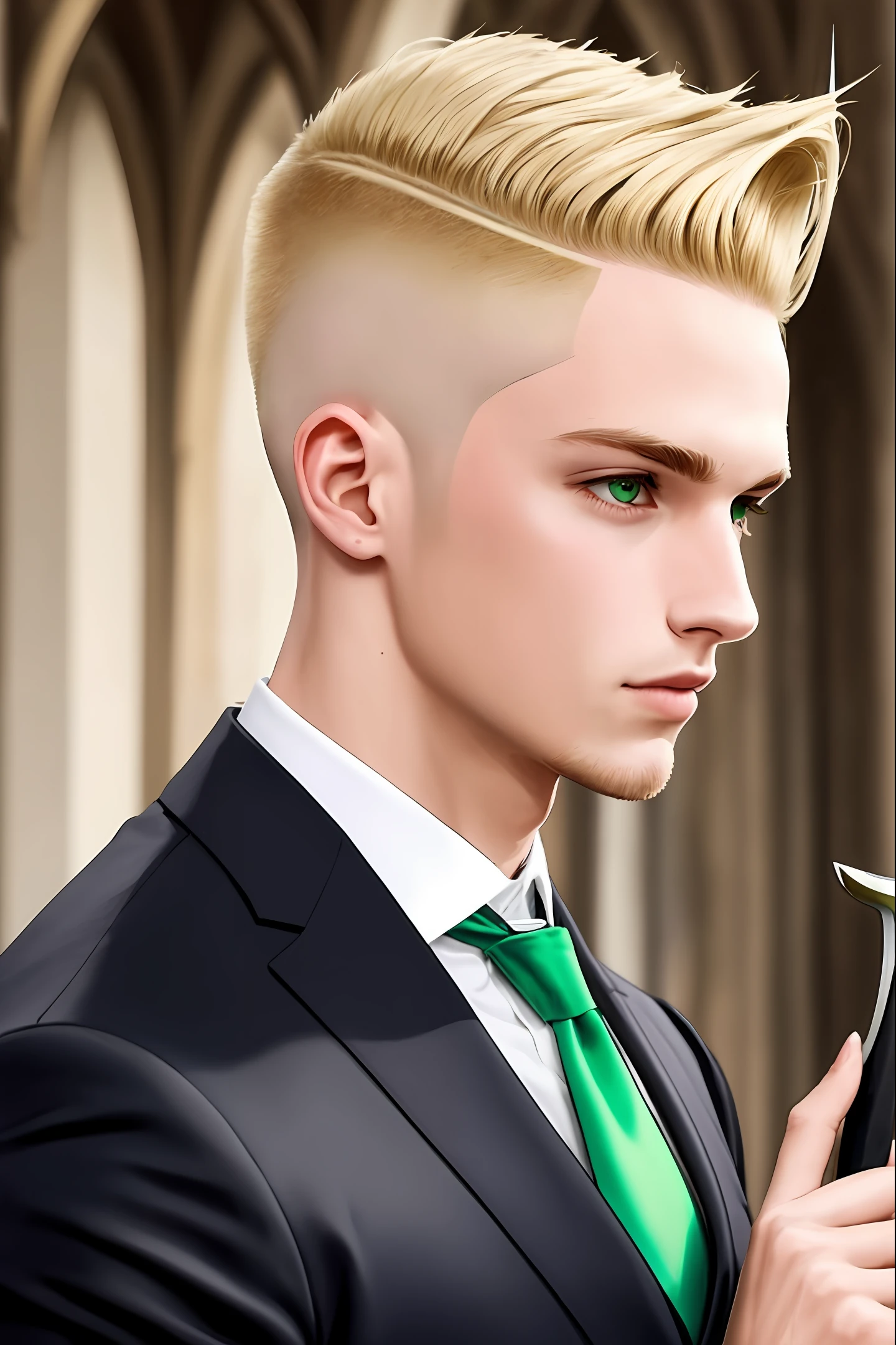 One handsome e men blond woth undercut hair style, wit grem tie , green eyes , wavy brown hai short, in green cenary medieval octonal, one short sword im your hand