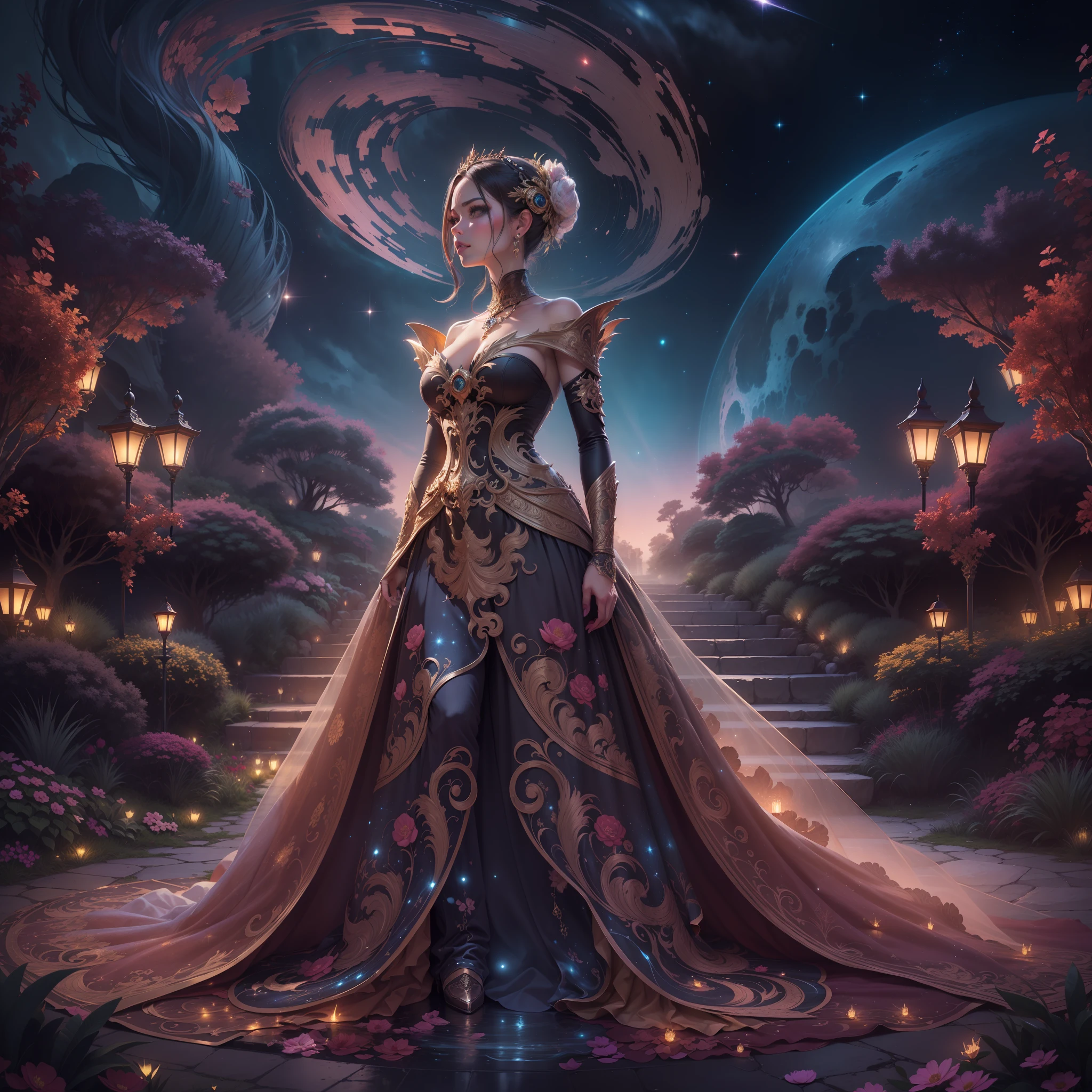 ((A female creature of dazzling beauty)) walks in the immensity of the dream garden, illuminated by a (galaxy that swirls with fascinating colors on the horizon). In the foreground, a scene of majestic beauty takes shape: (a dark and opulent fantasy world, intricately adorned with ornate details on her dress). The image radiates an imposing sense of grandeur and mystique. Its resolution is a staggering 8k, ensuring every detail comes to life in stunning, ultra HD clarity.
