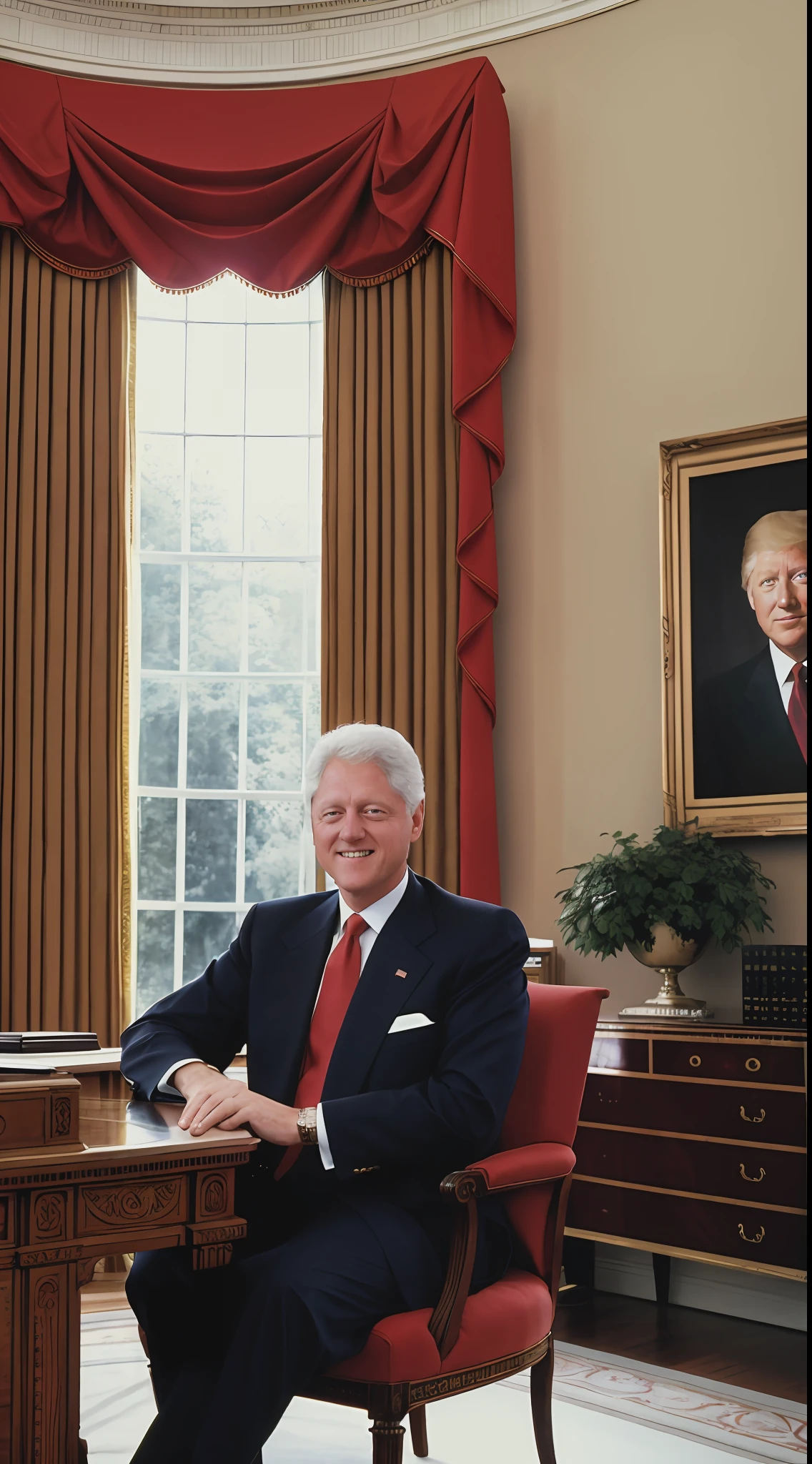 (masterpiece, official art, UHD, trending on ArtStation:1.2), Bill Clinton, (1990s formal presidential attire:1.3), distinguished, (warm, engaging smile:1.1), comfortably seated, imposing office desk, presidential mementos, red phone, elegant bookcases, historical paintings, Oval Office window, lush White House lawn view, (mid-day light filtering in:1.2), dynamic angle, looking at viewer.