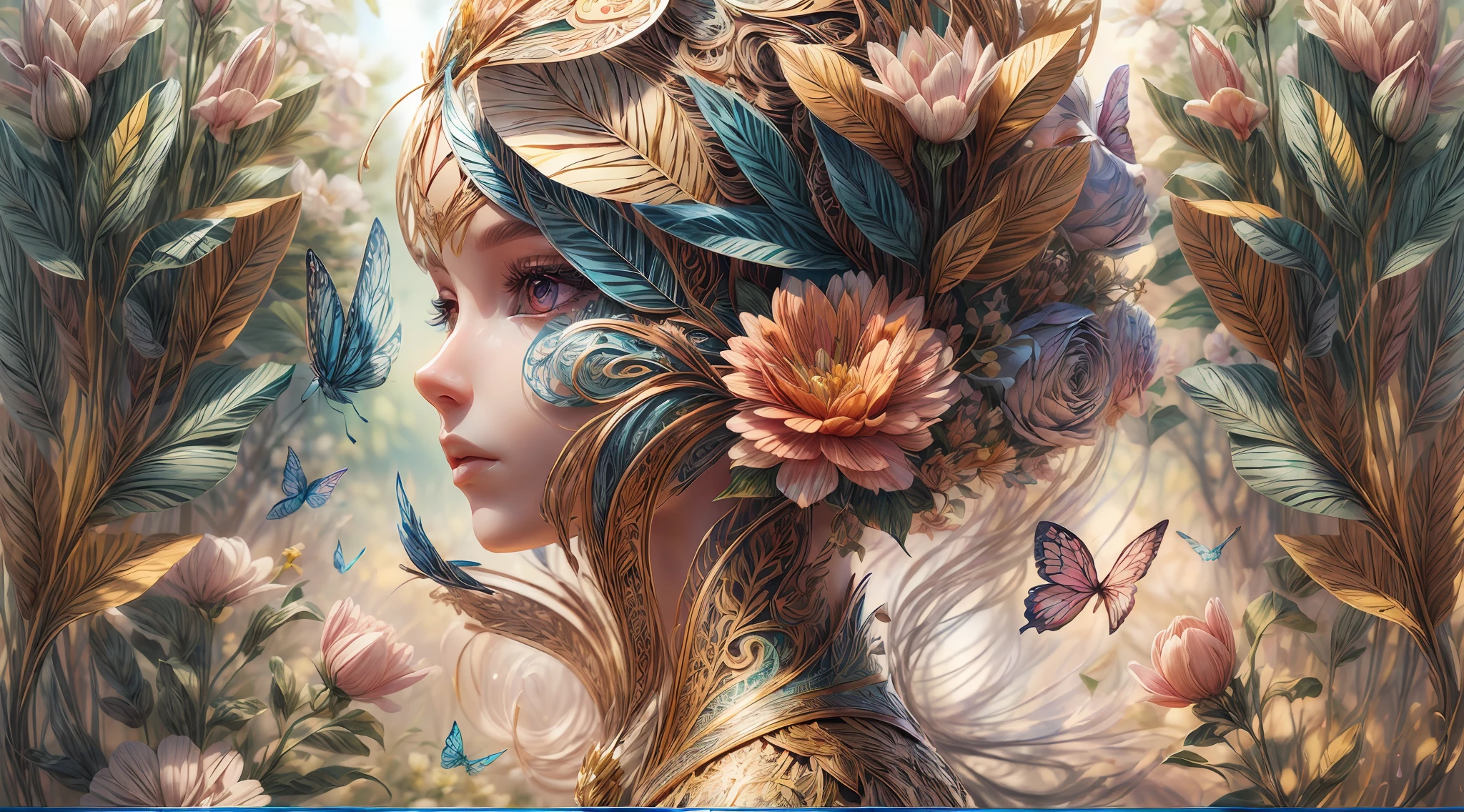 (illustration:1.3),spring, paper art, 3D rendering of, Colorful, Beauty side face, Flowers, butterflys, Lines, Best quality, Detailed details, Masterpiece, offcial art, Cinematic lighting effects, 4K,