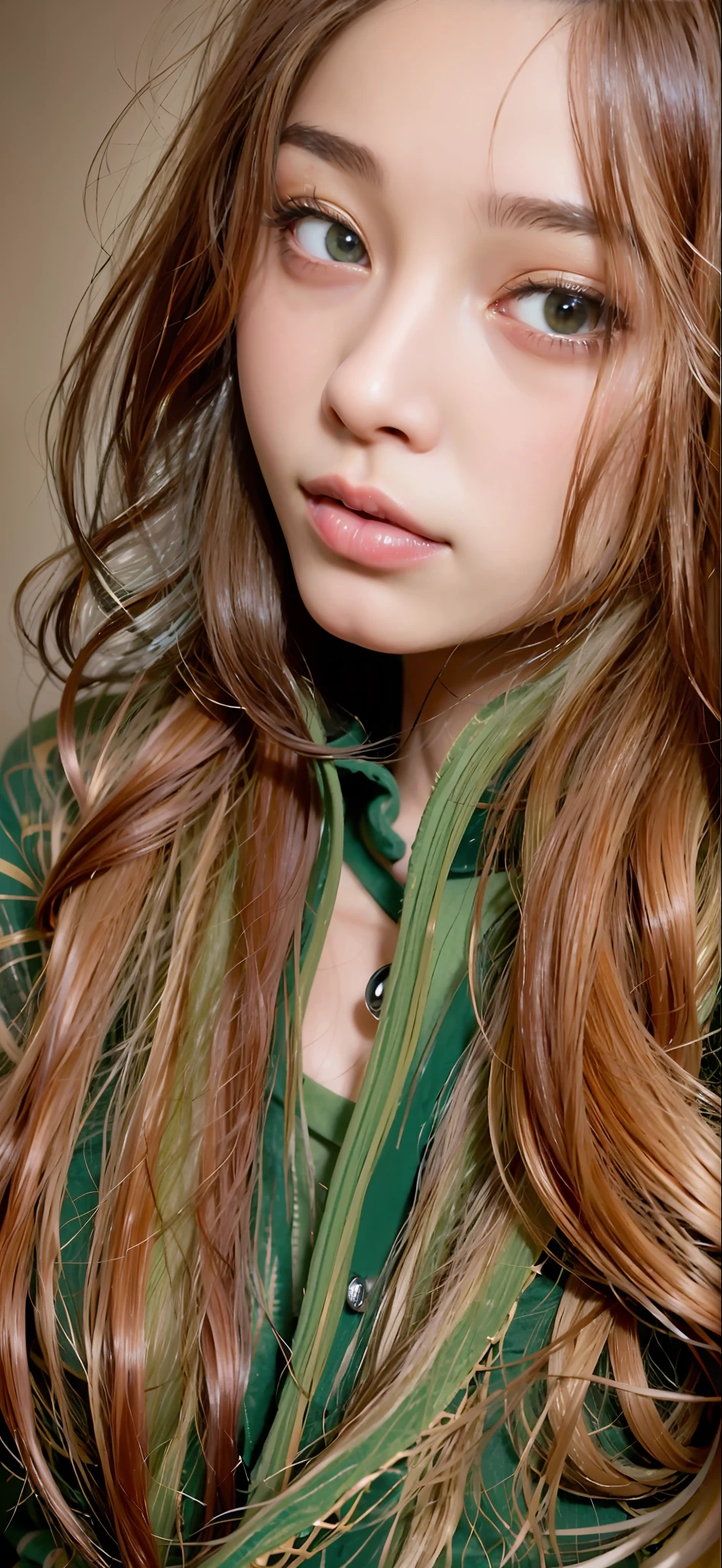 Close-up of a woman with long hair in a green sweater, brown hair, 19-year-old girl, cute delicate face, 18 years old, sakimichan, With long hair, chiho, 1 6 years old, 1 8 I, girl cute-fine face, with long dark hair, Perfect face )