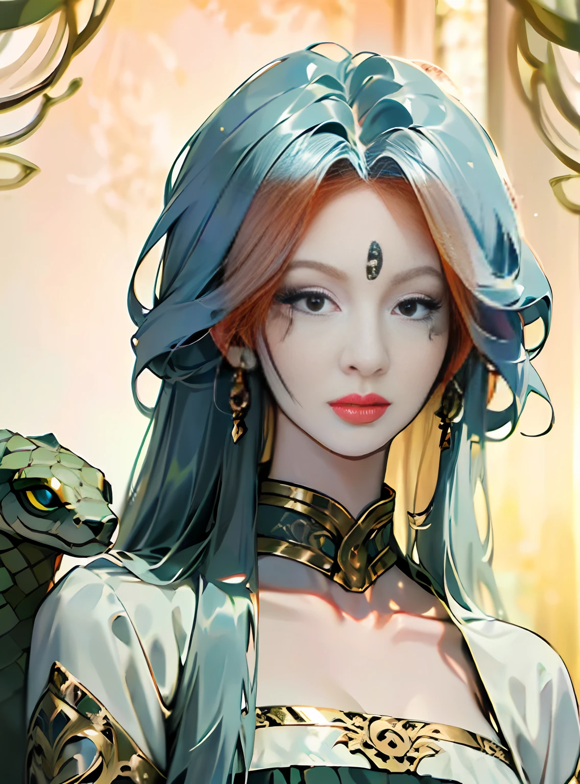 ((best quality)), ((masterpiece)), ((realistic)), Medusa, full body, the hair is composed of countless small snakes, green eyes, female face, metal carved top, royal aura, trend on artstation , sharp focus, studio photo, intricate detail, very detailed, detailed eye, illustration, very detailed, sharp focus, digital render, professional, 4k --auto