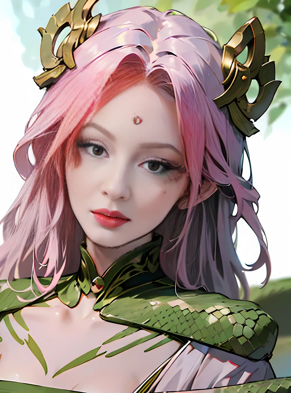 ((best quality)), ((masterpiece)), ((realistic)), Medusa, full body, the hair is composed of countless small snakes, green eyes, female face, metal carved top, royal aura, trend on artstation , sharp focus, studio photo, intricate detail, very detailed, detailed eye, illustration, very detailed, sharp focus, digital render, professional, 4k --auto