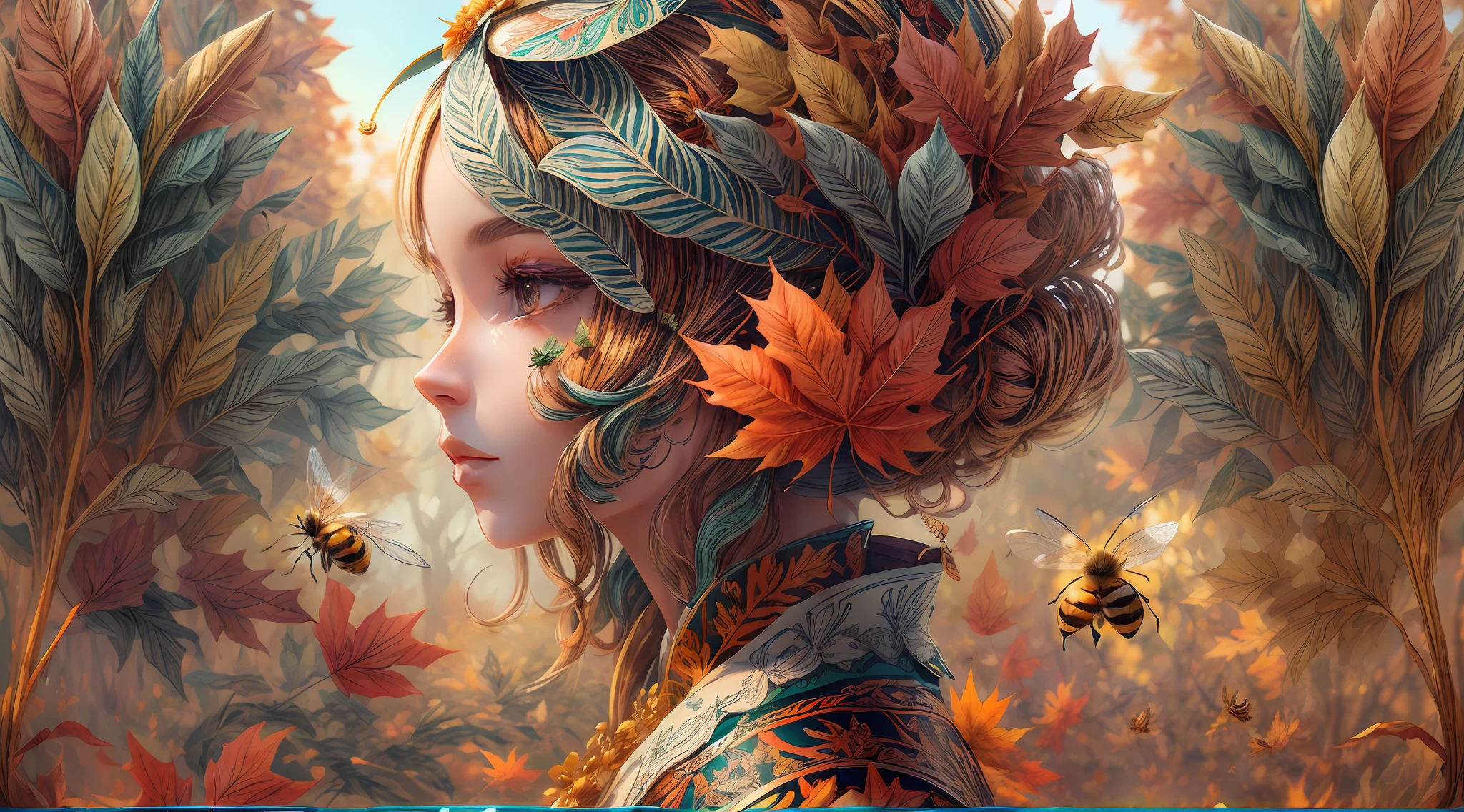 (illustration:1.3),fall season, paper art, 3D rendering of, Colorful, Beauty side face, maple leaves, honeybee, Lines, Best quality, Detailed details, Masterpiece, offcial art, Cinematic lighting effects, 4K,