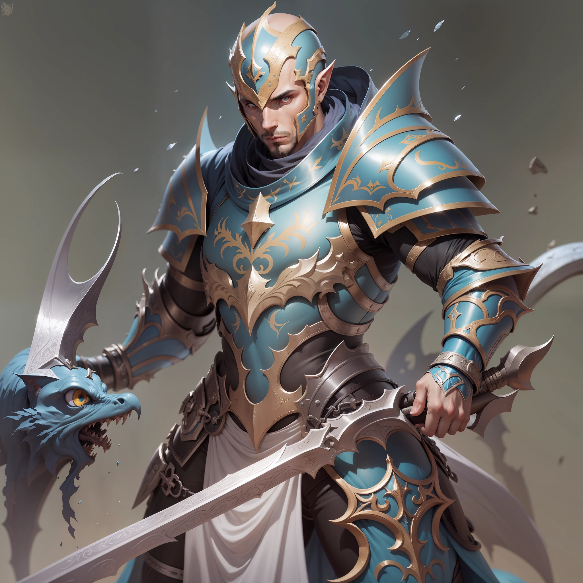 an amorphous-looking paladin, hairless, olhos brilhantes azuis, pele extremamente branca, sem elmo, armadura e espada