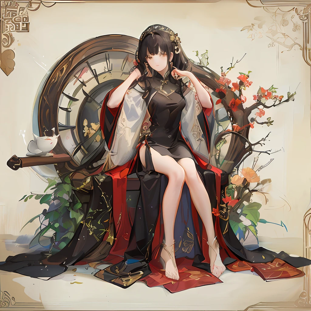 1girl,barefoot,black_hair,breasts,cleavage,crescent_moon,crossed_legs,dress,full_moon,long_hair,looking_at_viewer,medium_breasts,moon,red_dress,red_moon,sitting,solo,thighhighs,throne,very_long_hair,white_legwear