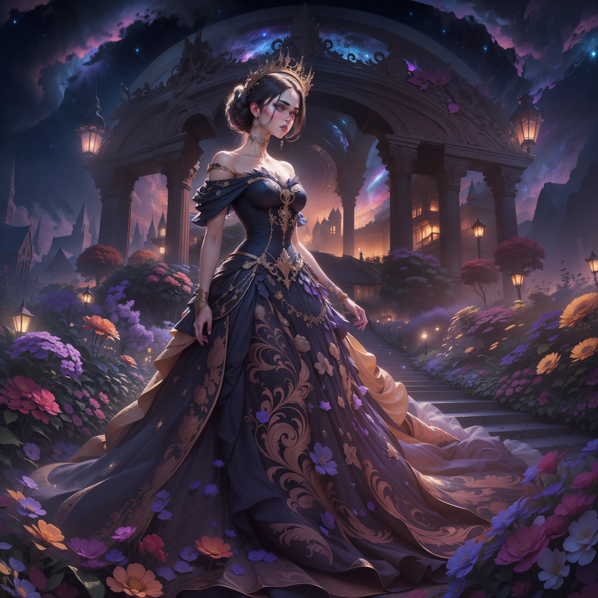 ((A female creature of dazzling beauty)) walks in the immensity of the dream garden, illuminated by a (galaxy that swirls with fascinating colors on the horizon). In the foreground, a scene of majestic beauty takes shape: (a dark and opulent fantasy world, intricately adorned with ornate details on her dress). The image radiates an imposing sense of grandeur and mystique. Its resolution is a staggering 8k, ensuring every detail comes to life in stunning, ultra HD clarity.