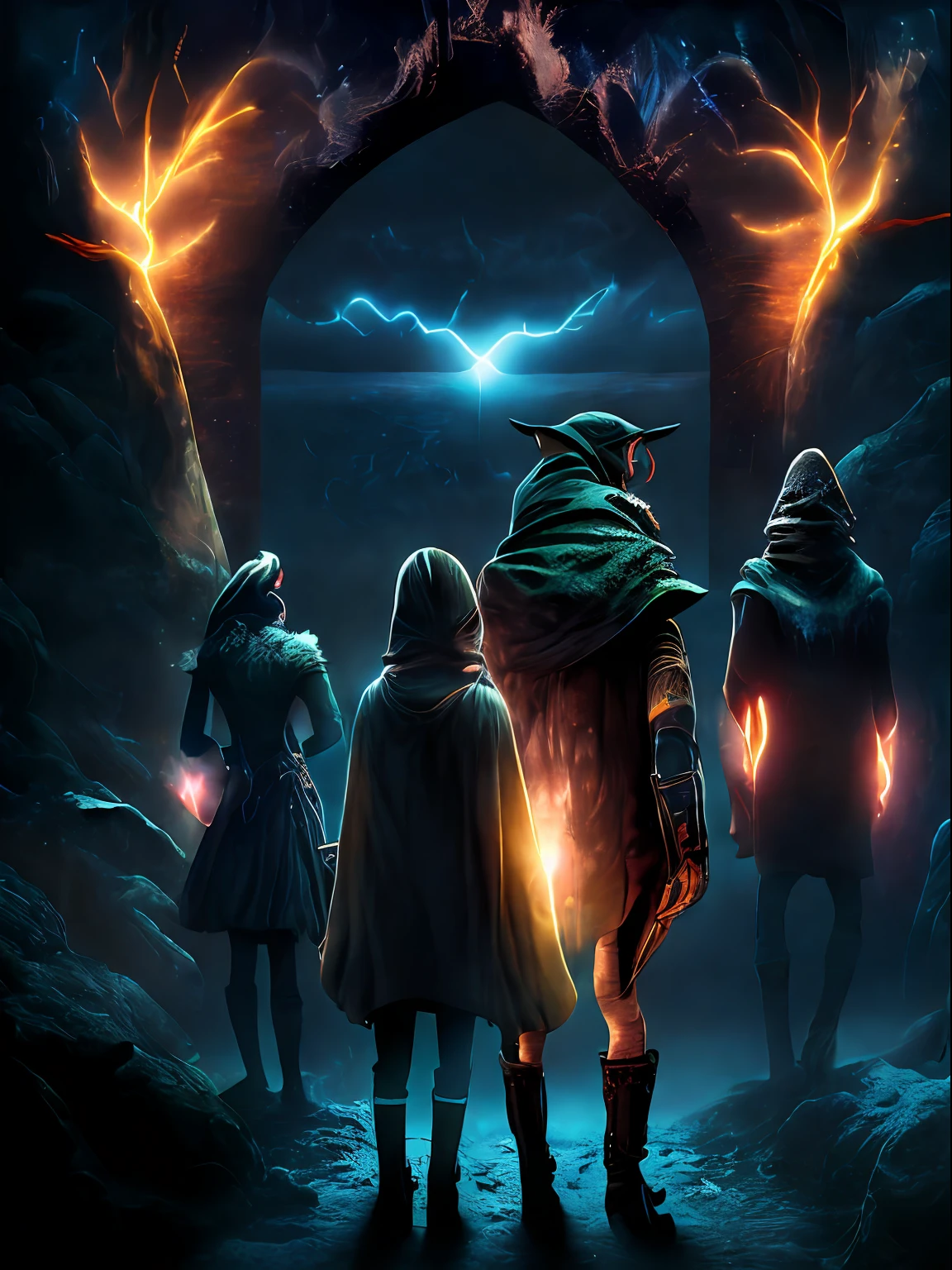 a group of hunters, including, hiper realista, tension, frio, altamente detalhado, foco nítido, profissional, 8k UHD, cinemactic, escuro, violento, ao ar livre, rio, batalha, persecution, dramatic, vivid, Nervous vibration, renderizado, epic, twilights, HDR, album cape, nevasca, lightning, cataclysmic