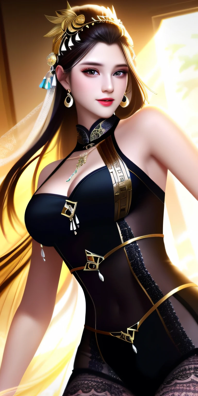 exquisite, masterpiece, high resolution, 1girl, sheer silk cheongsam, beauty face, hair ornament, eye line, smile, closed mouth, lips, dress, hair ornament, necklace, jewel, long hair, earrings, beauty face, upon_body, tyndall effect, photorealistic, dark studio, rim lighting, two-tone lighting, (high detail skin: 1.2), 8k uhd, DSLR, soft lighting, high quality, volumetric lighting, candid, photography, high resolution, 4k, 8k, bokeh