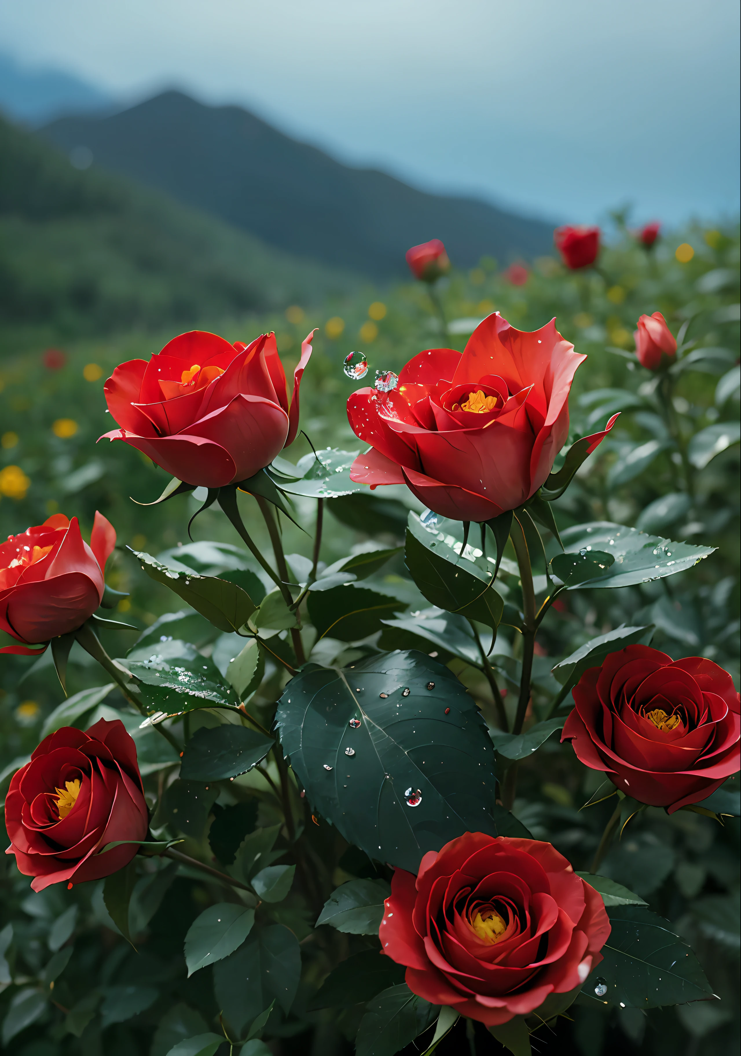 look from down, Above is the sky, morningglow, thin fog, In the distance are mountains, Below is the hillside, A red rose, Porcelain petals, There are crystal clear water droplets on the petals, (There are water droplets on the petals), Green flowers and leaves, Water droplets on the flowers and leaves, (Realiy), Roses make up one-tenth, from below, depth of field, high detail, backlighting, 4k, masterpiece, ccurate, high quality