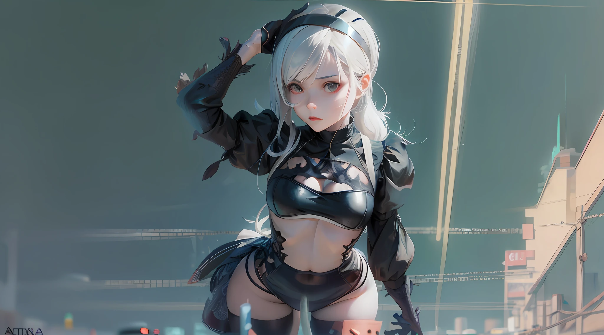 Chica de anime con traje negro posando en una calle de la ciudad, Ross Tran 8 K, Obras de arte al estilo de Guweiz, Guweiz en Artstation Pixiv, Estilo Ross Tran, Guweiz en Pixiv Artstation, 3D render character art 8 k, Loish y Wlop, 2 b, 2b, NEGAR : automata inspired