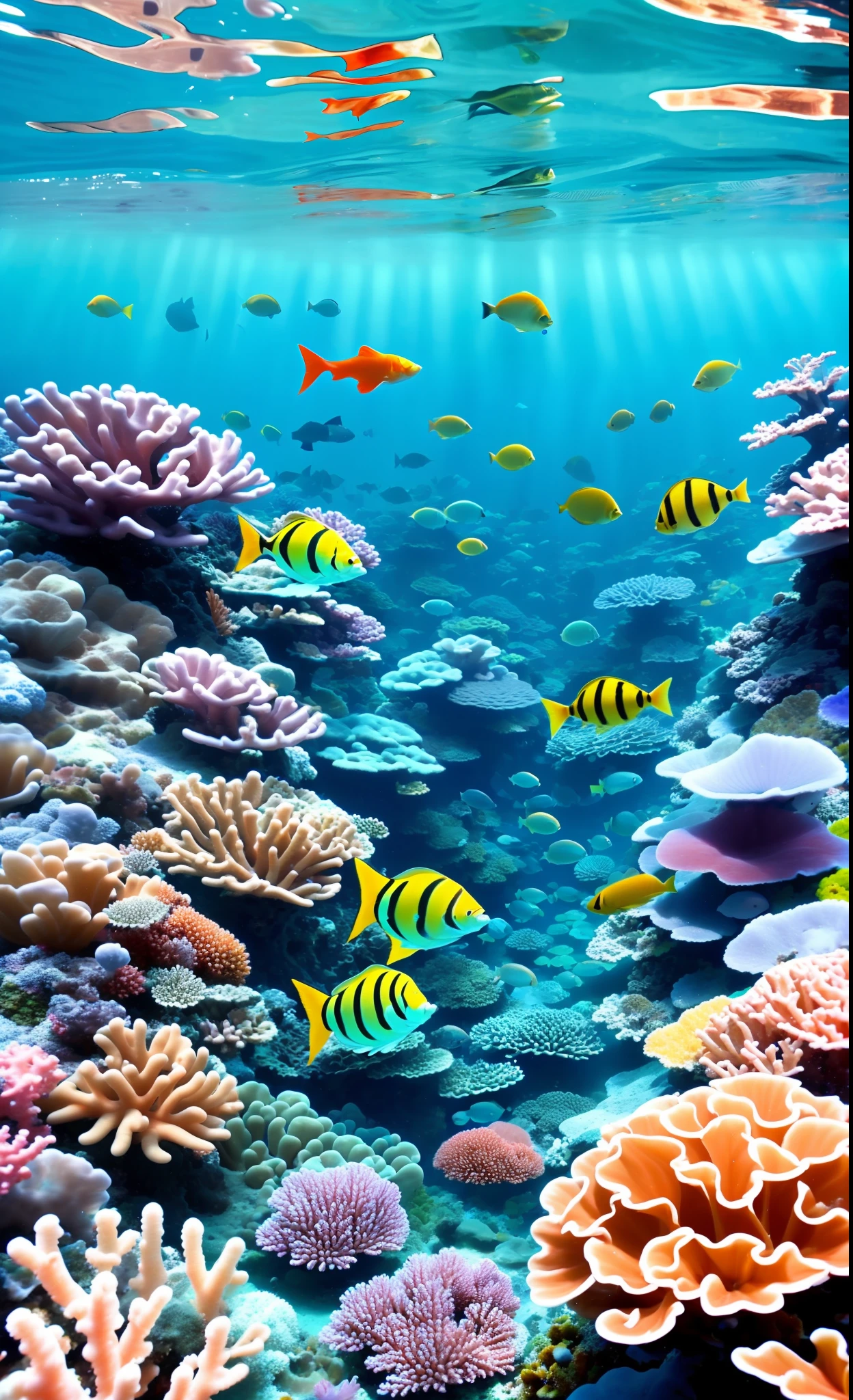 Blue ocean、A tranquil underwater world、Colorful coral reefs、Small fish swim in it