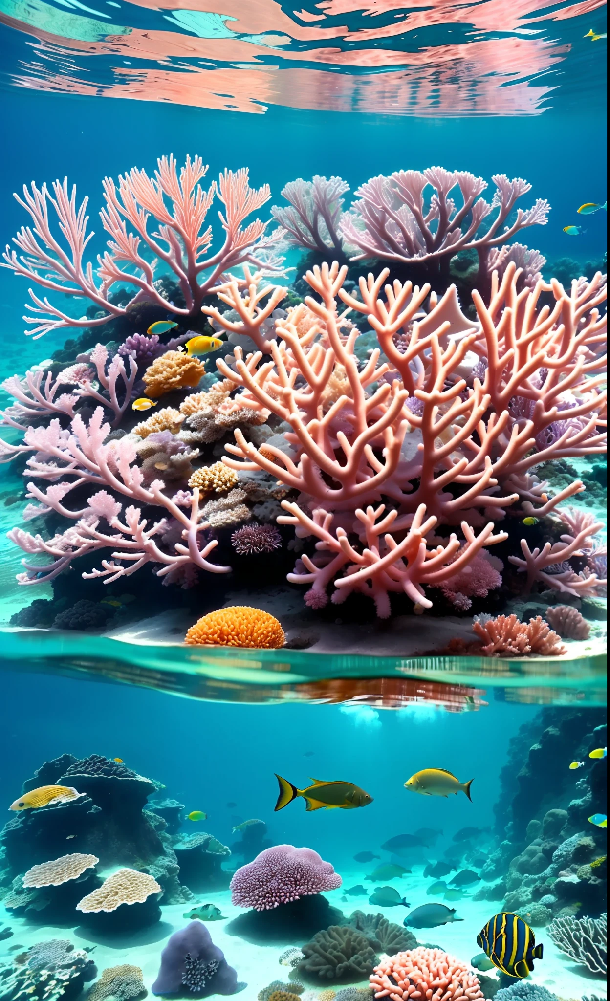 Blue ocean、A tranquil underwater world、Colorful coral reefs、Small fish swim in it