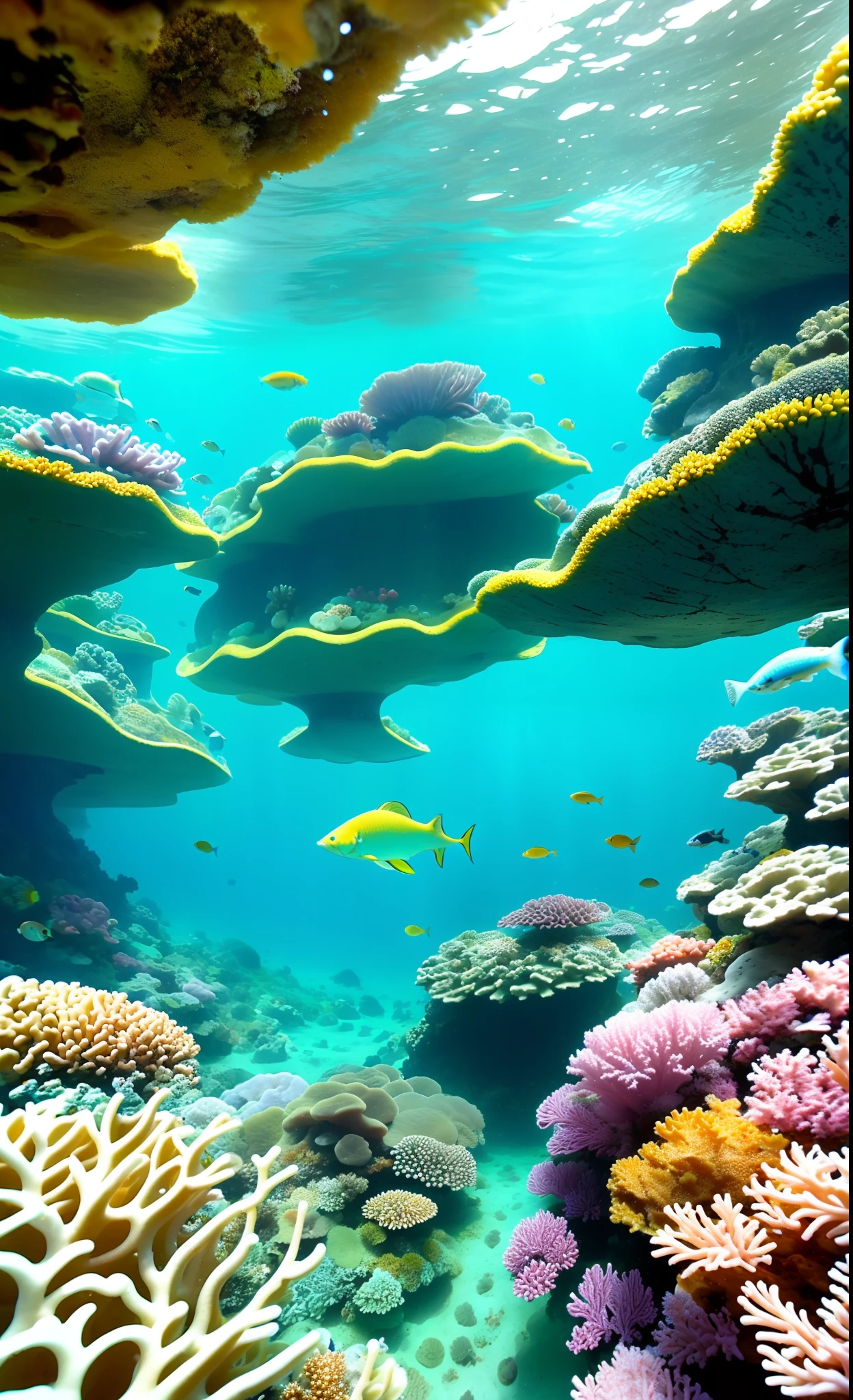 Blue ocean、A tranquil underwater world、Colorful coral reefs、Small fish swim in it